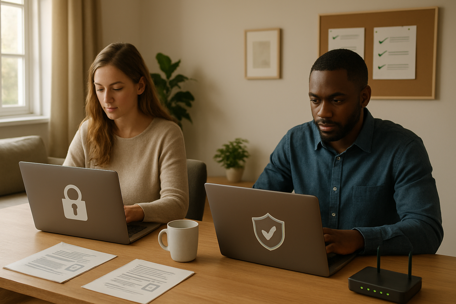 Create a realistic image of a diverse group of remote workers including a white female and black male sitting at home workstations with laptops, surrounded by essential safety elements like a secure lock icon on a laptop screen, a shield symbol on a desk, documents with privacy warnings, a secure internet router with blinking lights, and safety checklists on a bulletin board, set in a modern home office environment with warm natural lighting from a window, conveying a professional yet cautious atmosphere for online job searching, absolutely NO text should be in the scene.