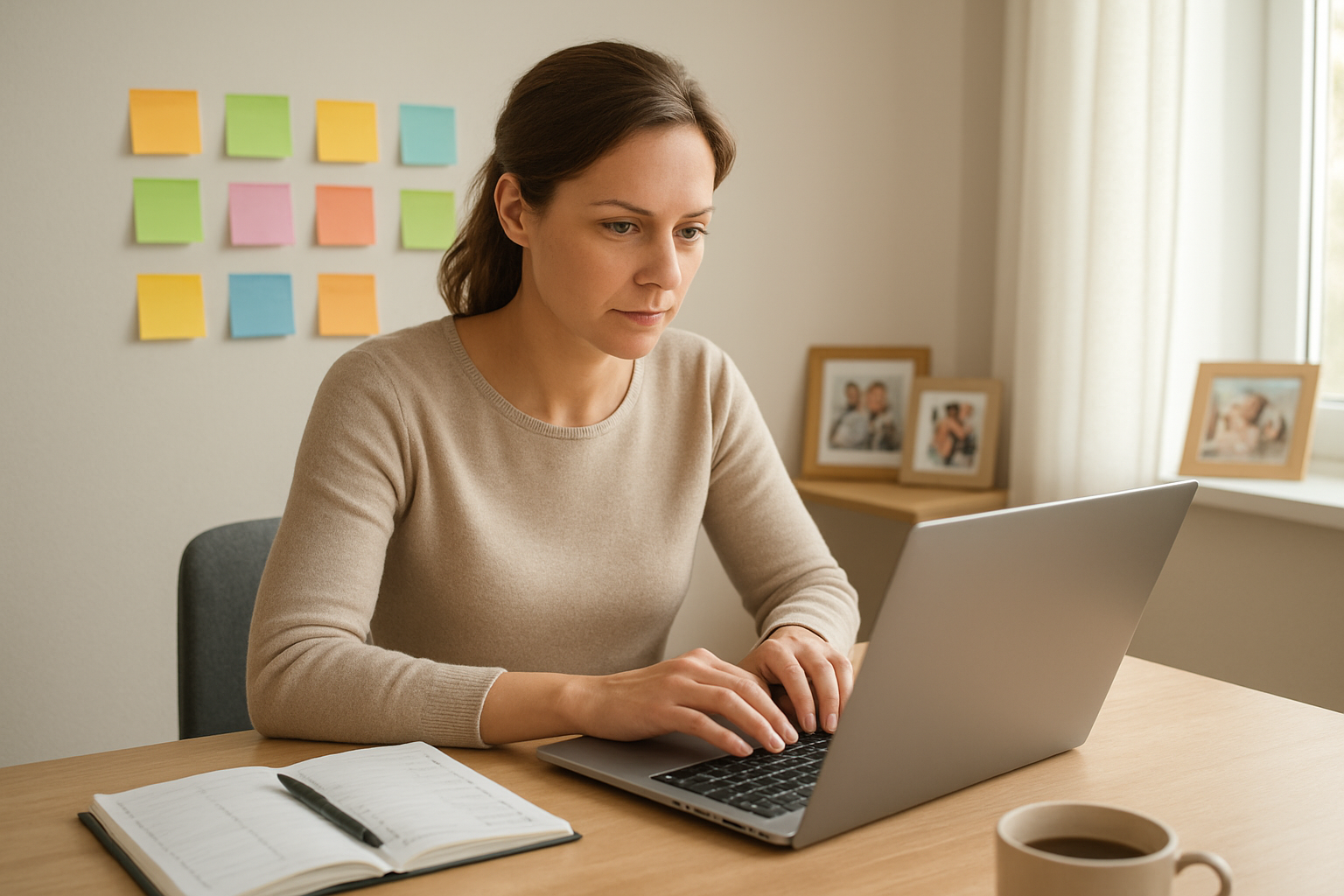 Create a realistic image of a focused white female mother in her 30s sitting at a clean, organized desk with a laptop open, colorful sticky notes arranged on the wall behind her, a planner with checkboxes and scheduled tasks visible on the desk, a coffee cup nearby, natural daylight streaming through a window, modern home office setting with family photos on a shelf in the background, calm and productive atmosphere with soft lighting, absolutely NO text should be in the scene.