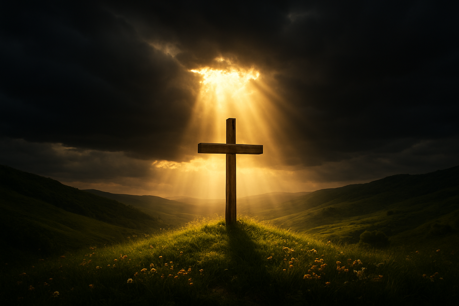 Create a realistic image of a divine golden light breaking through dark storm clouds and cascading down onto a wooden cross positioned on a hill, with rays of warm sunlight illuminating the surrounding landscape of rolling green hills and blooming flowers, creating a powerful contrast between darkness and light that symbolizes spiritual transformation and hope, with a peaceful and reverent atmosphere, Absolutely NO text should be in the scene.