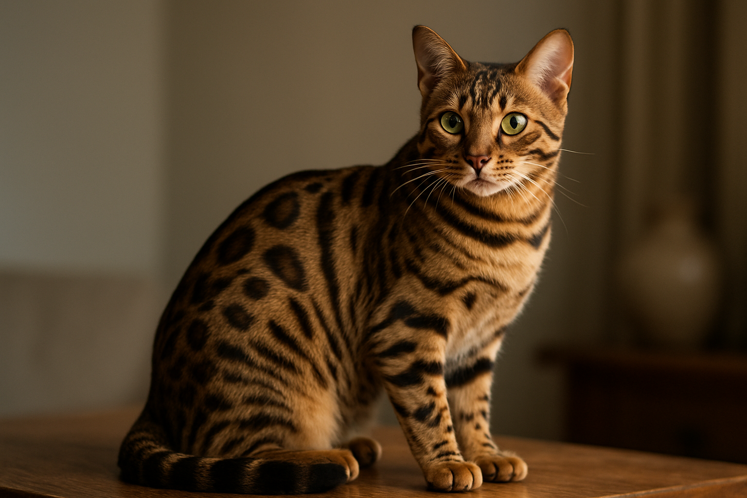 Create a realistic image of a beautiful Bengal cat with distinctive spotted and marbled coat patterns sitting gracefully on a wooden surface, showcasing its athletic build, alert triangular ears, and bright golden-green eyes, with soft natural lighting highlighting the cat's wild-looking rosette markings and muscular physique, neutral indoor background with subtle home elements, calm and confident mood displaying the breed's intelligent and curious temperament, absolutely NO text should be in the scene.