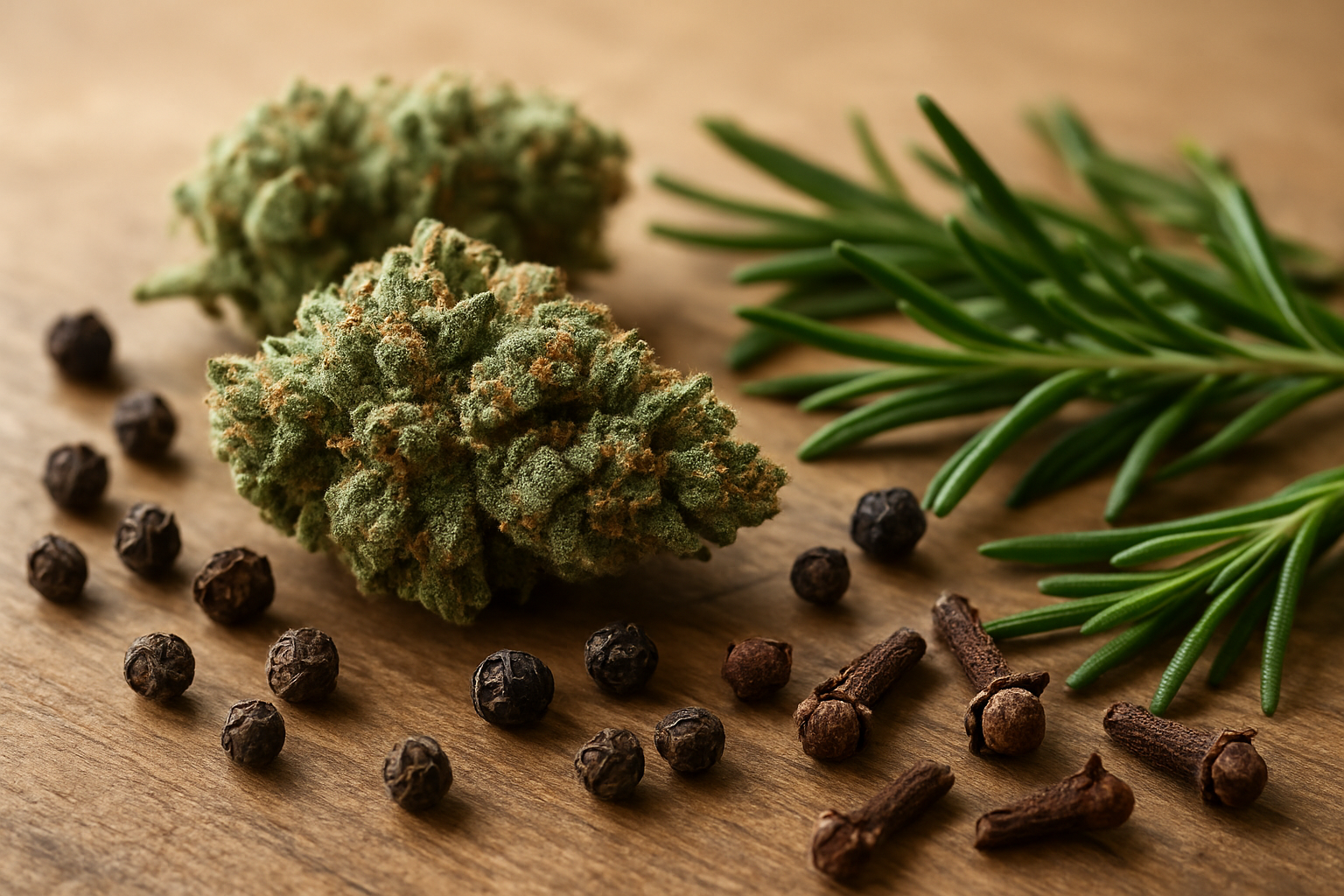 Create a realistic image of a close-up scene featuring fresh cannabis buds with visible trichomes alongside aromatic herbs like black peppercorns, fresh rosemary sprigs, and cloves scattered on a natural wooden surface, with soft natural lighting highlighting the textures and crystalline structures of the cannabis flowers, creating a scientific yet organic composition that emphasizes the herbaceous and peppery aromatic qualities, with a shallow depth of field focusing on the botanical details and natural colors of green, amber, and brown tones. Absolutely NO text should be in the scene.