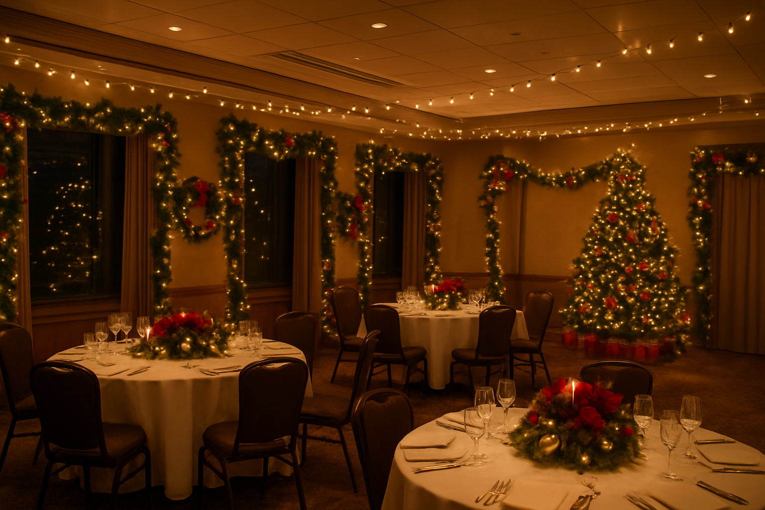 Create a realistic image of an elegant office conference room being transformed for a Christmas party with festive decorations including red and gold ornaments, twinkling string lights, and garland draped around the windows, featuring a large decorated Christmas tree in the corner, round tables with white tablecloths and centerpieces, warm ambient lighting creating a cozy atmosphere, and holiday-themed decorative elements like wreaths and ribbon accents throughout the space, absolutely NO text should be in the scene.