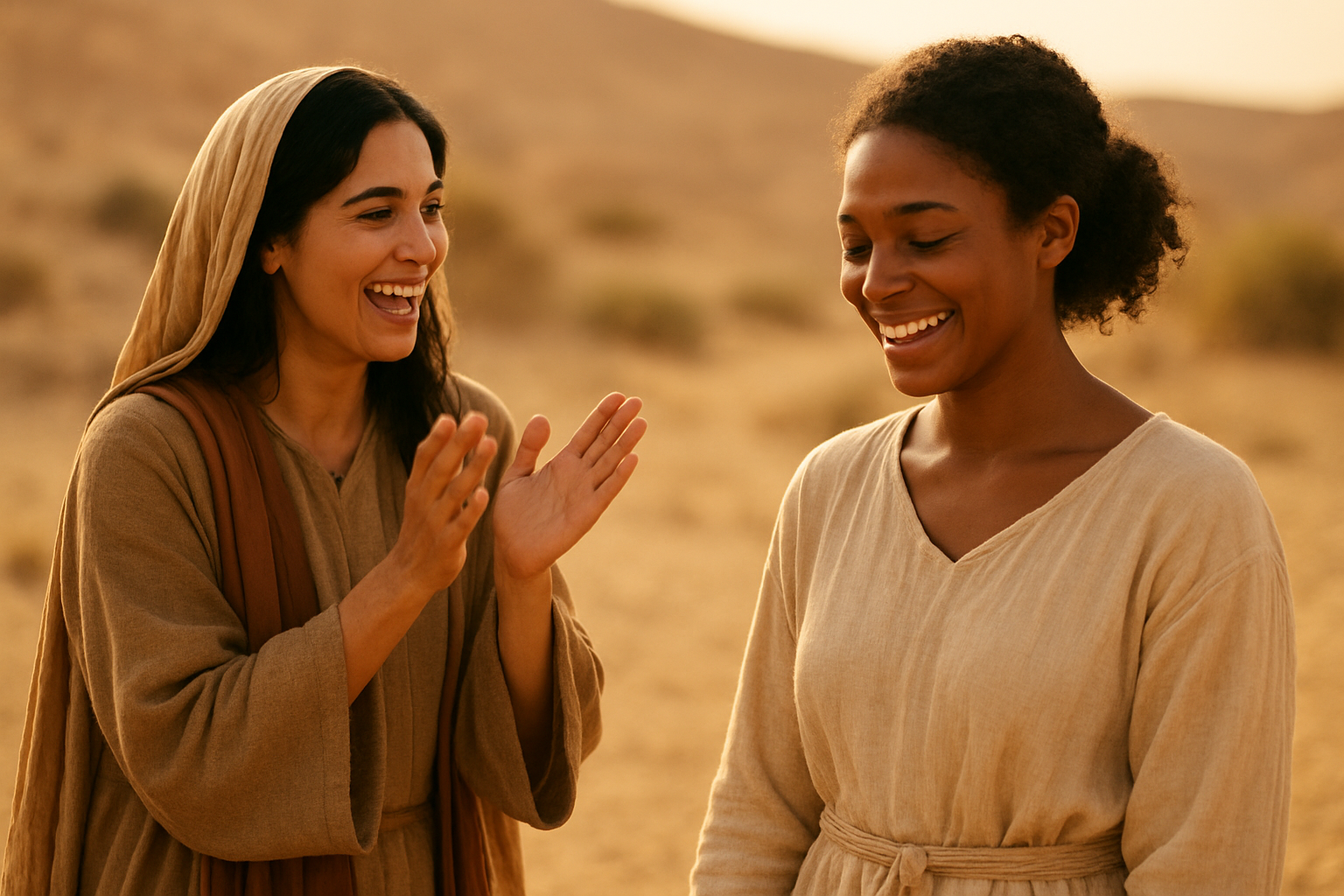 Create a realistic image of two women of different ethnicities, one Middle Eastern woman with dark hair wearing ancient biblical robes celebrating and clapping joyfully for another woman who appears to be receiving recognition or praise, set against a warm desert background with soft golden lighting that conveys genuine happiness and support, showing authentic expressions of joy and celebration without any signs of envy or jealousy, with warm earth tones and a peaceful ancient Middle Eastern setting. Absolutely NO text should be in the scene.