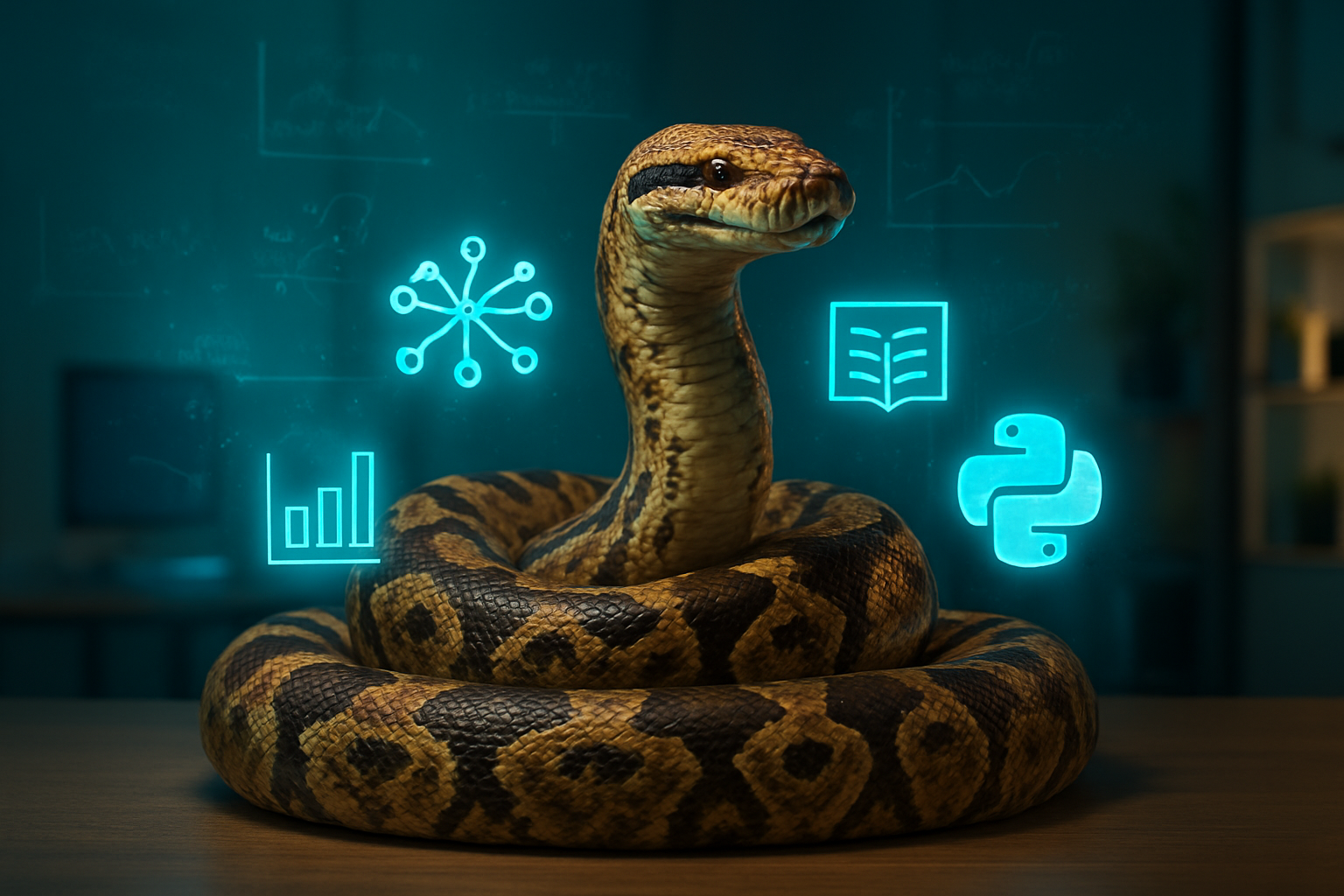 Create a realistic image of a powerful Python programming snake coiled around multiple glowing digital icons representing data science strengths including machine learning neural networks, statistical charts, library symbols, and coding frameworks, set against a modern tech workspace background with warm blue and green lighting that conveys innovation and reliability, with the snake appearing strong and confident while surrounded by floating data visualization elements and mathematical formulas in a sleek contemporary office environment, absolutely NO text should be in the scene.