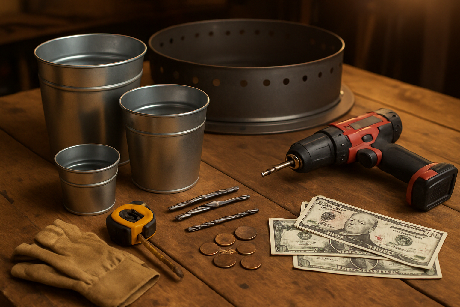 Create a realistic image of a collection of budget-friendly materials and tools for building a smokeless fire pit arranged on a wooden workbench or table, including steel buckets or metal containers of different sizes, a power drill, metal drill bits, measuring tape, work gloves, and scattered coins and dollar bills representing cost savings, with a warm workshop lighting in the background and a partially completed DIY fire pit project visible, absolutely NO text should be in the scene.