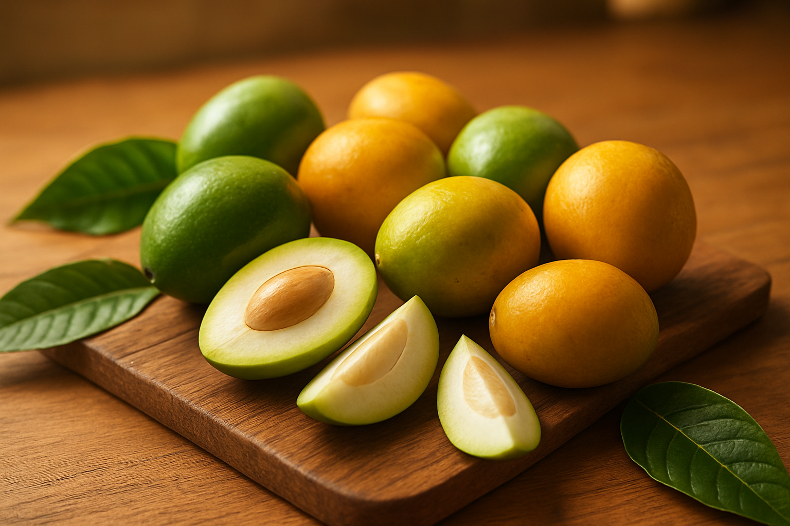 Create a realistic image of a beautifully arranged collection of fresh ambarella fruits in various stages of ripeness, from green to golden-yellow, displayed on a rustic wooden cutting board alongside sliced ambarella pieces showing the white flesh and large seed, with tropical leaves scattered around, set against a warm, naturally lit kitchen counter background with soft golden lighting that highlights the fruits' glossy skin and creates an inviting, healthy eating atmosphere. Absolutely NO text should be in the scene.