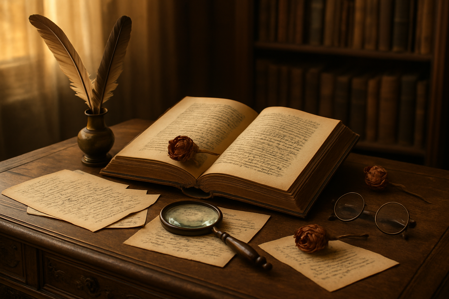 Create a realistic image of an antique wooden desk with ornate details featuring an open leather-bound book of classic French literature, elegant quill pens in an inkwell, scattered handwritten notes with poetic verses, a magnifying glass positioned over beautiful calligraphy, dried roses as bookmarks, and vintage reading glasses resting nearby, set against a warm library background with soft golden lighting filtering through a window, creating an atmosphere of literary analysis and poetic study, absolutely NO text should be in the scene.