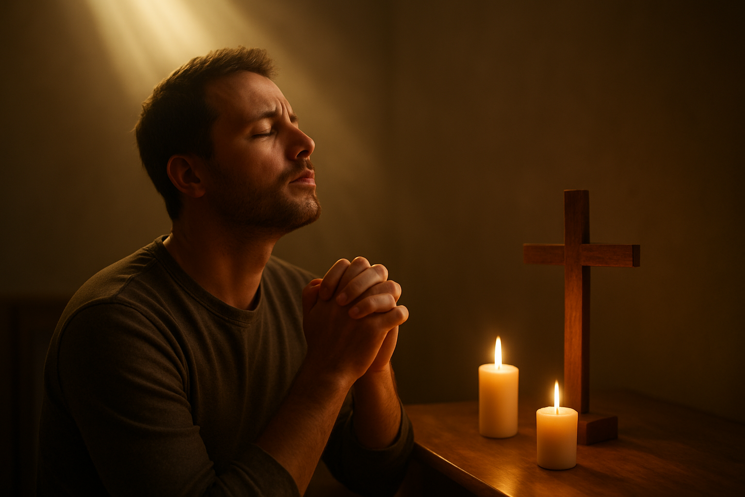Create a realistic image of a person kneeling in prayer with their hands clasped together, facing upward toward a soft beam of golden light streaming down from above, surrounded by a peaceful indoor setting with a simple wooden cross visible on a nearby table, warm candlelight creating a serene atmosphere, with the scene conveying a sense of spiritual surrender and devotion, shot with gentle natural lighting that emphasizes the contemplative mood, absolutely NO text should be in the scene.