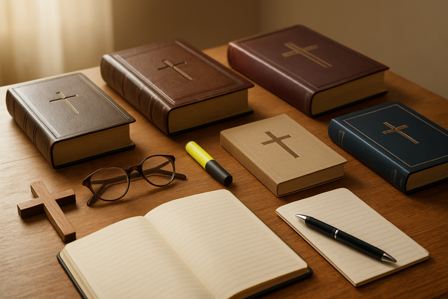 Create a realistic image of an elegant wooden desk or table surface displaying a carefully arranged collection of Christian faith-centered books and study materials including leather-bound Bibles, devotional books, biblical commentaries, and study guides with crosses and religious symbols on their covers, accompanied by reading glasses, a wooden cross, a highlighter, and a notebook with a pen, set against a warm, softly lit background with natural lighting streaming in, creating a peaceful and contemplative atmosphere perfect for spiritual study and reflection, absolutely NO text should be in the scene.