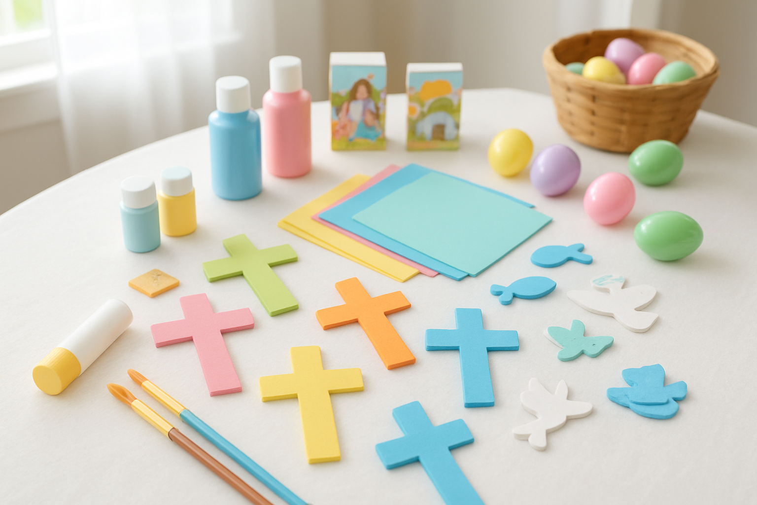 Create a realistic image of a bright, well-lit children's craft table covered with various Easter-themed craft supplies including colorful cross-shaped wooden cutouts, paint brushes, bottles of washable paint in pastel colors, glue sticks, construction paper, foam stickers with Christian symbols like fish and doves, plastic Easter eggs, and small craft kits with Bible story themes, all arranged neatly on a white tablecloth with soft natural lighting from a nearby window, creating an inviting and creative atmosphere for children's faith-based activities, absolutely NO text should be in the scene.