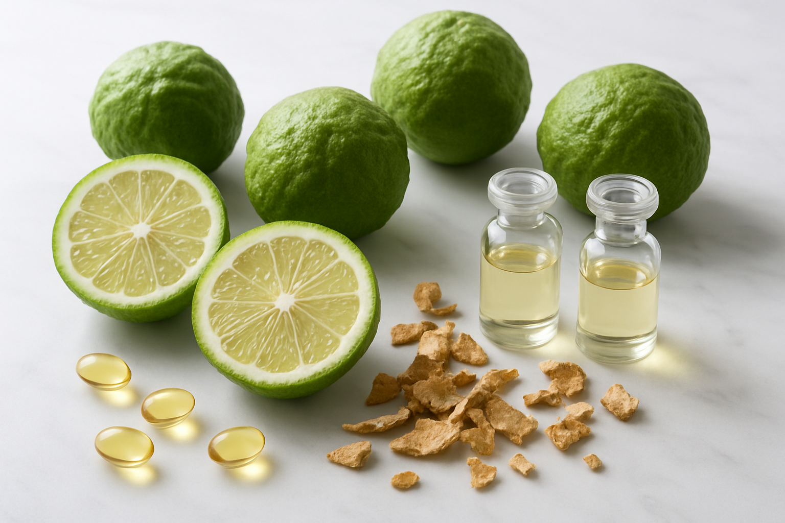 Create a realistic image of fresh bergamot oranges arranged on a clean white marble surface with cross-sectioned halves showing the citrus flesh, alongside small glass vials containing bergamot essential oil, dried bergamot peel pieces, and vitamin supplement capsules scattered around, with soft natural lighting from above creating gentle shadows, representing the nutritional and health properties of bergamot fruit in a clean clinical wellness setting, absolutely NO text should be in the scene.