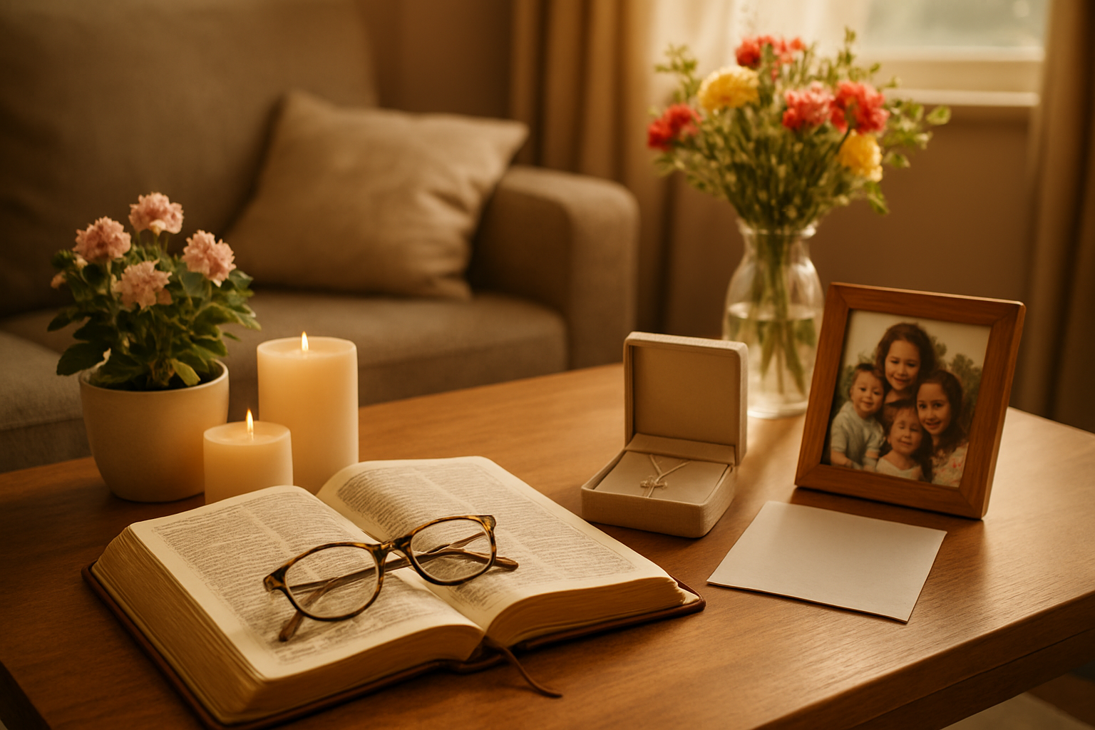 Create a realistic image of a warm, inviting living room scene with a coffee table displaying meaningful Christian Mother's Day gifts including an open leather-bound Bible with reading glasses, a delicate cross necklace in a jewelry box, a potted flowering plant, scented candles, a handwritten card, and a small framed family photo, with soft natural light streaming through a window creating gentle shadows, warm golden tones throughout the scene, and fresh flowers in a vase adding vibrant color accents to convey love, gratitude, and spiritual significance, absolutely NO text should be in the scene.