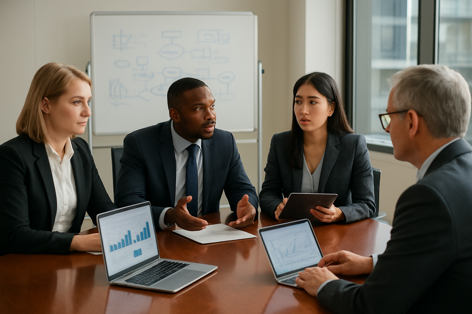 Create a realistic image of a modern corporate boardroom with diverse business professionals including white female, black male, and Asian female executives sitting around a polished conference table, laptops and tablets open displaying charts and graphs, whiteboard in background showing strategic diagrams and flowcharts, professional lighting with natural sunlight streaming through large windows, the atmosphere conveying collaboration and strategic planning, absolutely NO text should be in the scene.