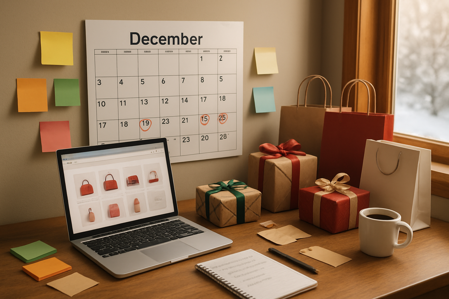 Create a realistic image of a well-organized desk surface featuring a large wall calendar showing December with Christmas dates circled in red, surrounded by colorful sticky notes, a sleek laptop displaying a shopping website, wrapped Christmas presents in various sizes with festive ribbons, a steaming cup of coffee, shopping bags from different stores, a notepad with handwritten lists, and scattered gift tags, all arranged in a neat workspace setting with warm ambient lighting from a nearby window showing winter scenery outside, creating a productive and festive atmosphere that conveys organized Christmas shopping planning, absolutely NO text should be in the scene.