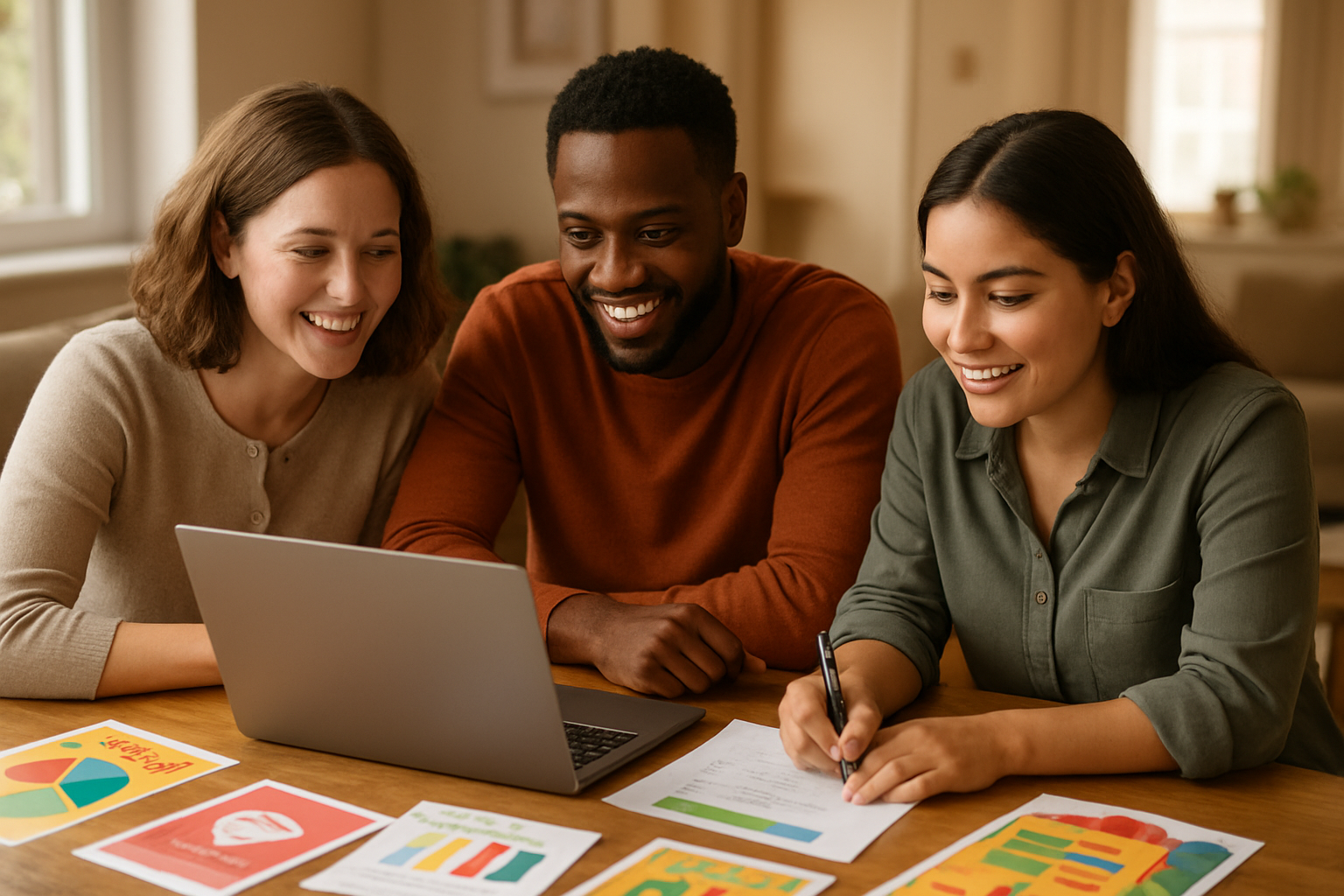 Create a realistic image of a diverse small group of people gathered around a laptop computer planning fundraising activities, featuring a white female and black male looking at the screen while a Hispanic female writes notes on paper, with colorful fundraising materials like donation charts and event flyers spread across a wooden table, warm indoor lighting creating an collaborative and enthusiastic atmosphere, modern home or community center setting with soft natural light from windows, absolutely NO text should be in the scene.