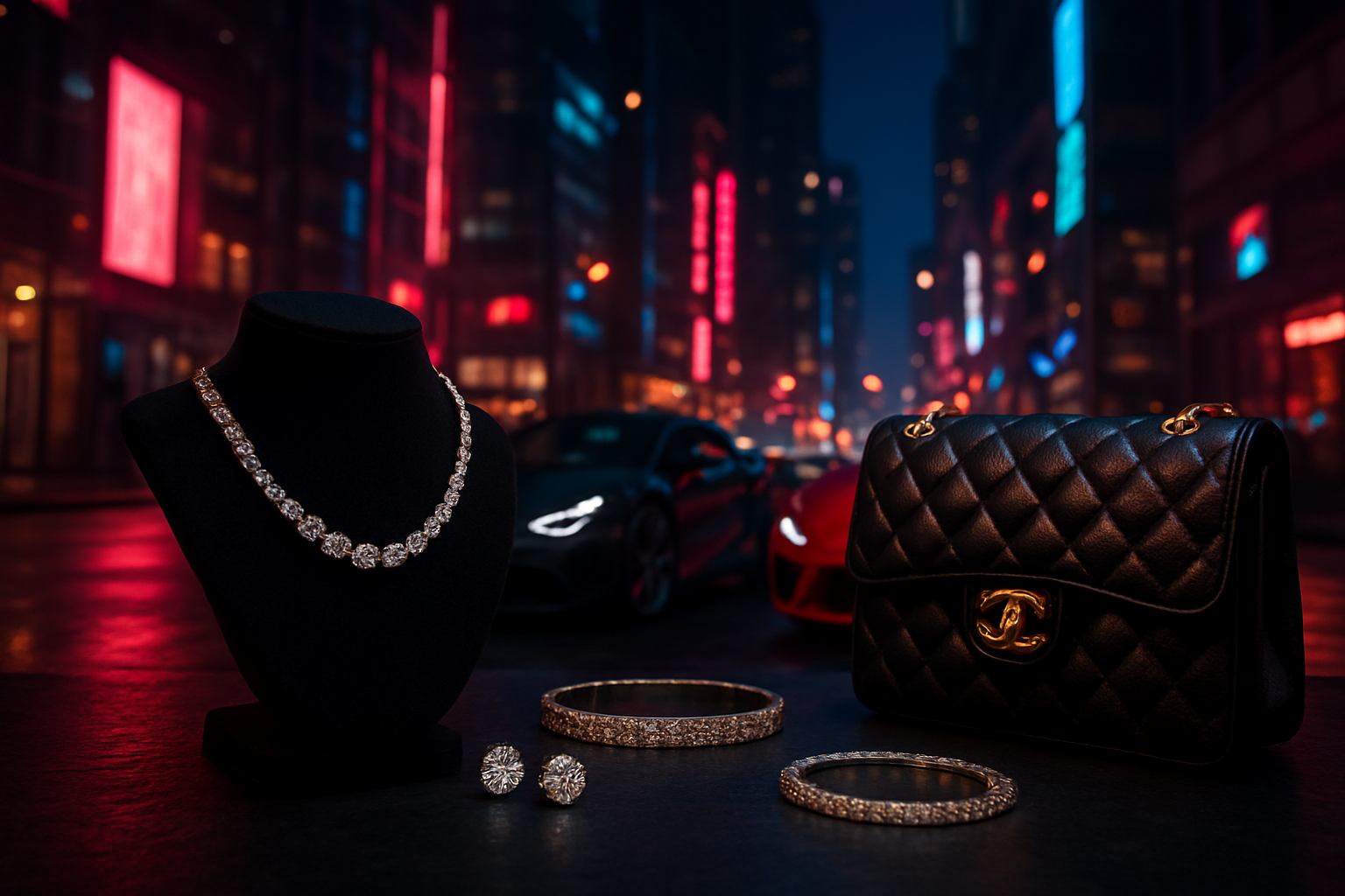 Create a realistic image of a modern urban setting showing symbols of worldly love and materialism, featuring expensive luxury items like diamond jewelry, designer handbags, and high-end sports cars in a glamorous cityscape, with neon lights reflecting off glass buildings in the background, dramatic evening lighting casting shadows, creating a mood that emphasizes superficiality and material desires over genuine emotional connection, absolutely NO text should be in the scene.