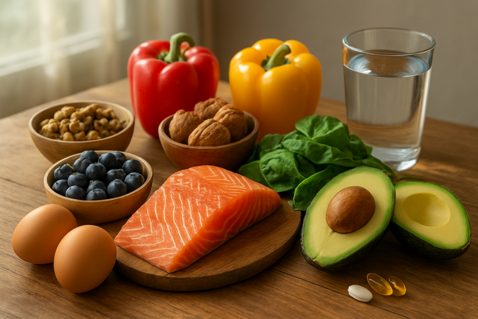 Create a realistic image of a variety of nutrient-rich foods arranged on a wooden table including fresh salmon, avocados, walnuts, spinach leaves, blueberries, eggs, and colorful bell peppers, with soft natural lighting streaming through a window creating gentle shadows, warm and inviting atmosphere suggesting health and wellness, complemented by a glass of water and some vitamin supplements nearby, absolutely NO text should be in the scene.