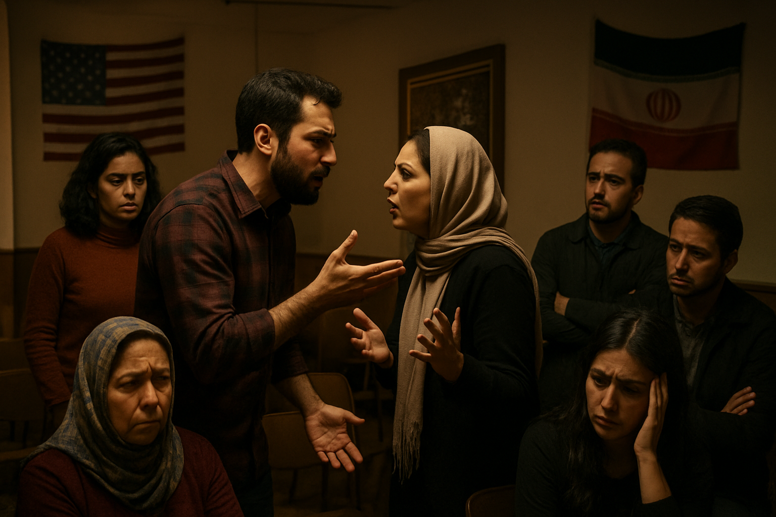 Create a realistic image of a diverse group of Iranian American people gathered in what appears to be a community center or meeting hall, showing visible tension and disagreement through their body language and facial expressions, with some individuals of Middle Eastern descent (both male and female) engaged in heated discussion while others stand apart looking concerned or distressed, the lighting should be dramatic with warm indoor lighting creating shadows that emphasize the emotional weight of the scene, background should include American and Iranian cultural elements like flags or symbols subtly placed around the room, the overall mood should convey division and conflict within the community, absolutely NO text should be in the scene.