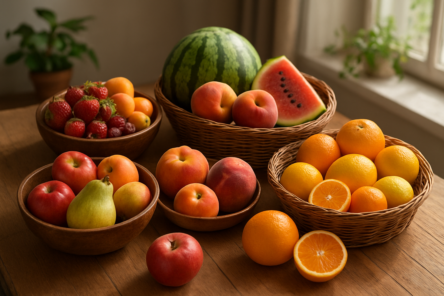 Create a realistic image of a beautiful wooden table displaying a complete seasonal fruit calendar represented by four distinct sections, each showcasing vibrant fresh fruits from different seasons: spring section with strawberries, apricots, and early berries; summer section with watermelons, peaches, and colorful stone fruits; autumn section with apples, pears, and pomegranates; winter section with oranges, grapefruits, and citrus varieties, all arranged in rustic wooden bowls and wicker baskets, natural daylight streaming through a nearby window creating soft shadows, warm and inviting kitchen atmosphere with subtle green plant elements in the background, Absolutely NO text should be in the scene.