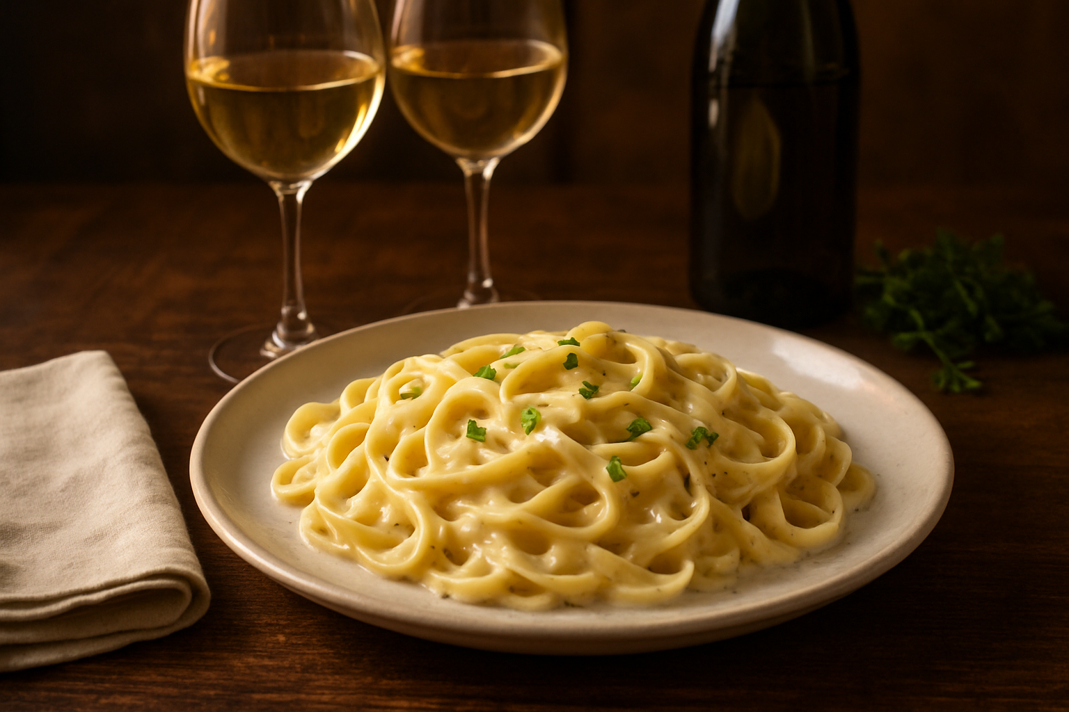 Create a realistic image of an elegant cream-based pasta dish like fettuccine alfredo with rich white sauce beautifully plated on a white ceramic plate, accompanied by two wine glasses filled with white wine, positioned on a rustic wooden dining table with warm ambient lighting, featuring complementary elements like a wine bottle, fresh herbs, and a cloth napkin, creating an upscale dining atmosphere that showcases the perfect pairing of creamy pasta with white wine, absolutely NO text should be in the scene.