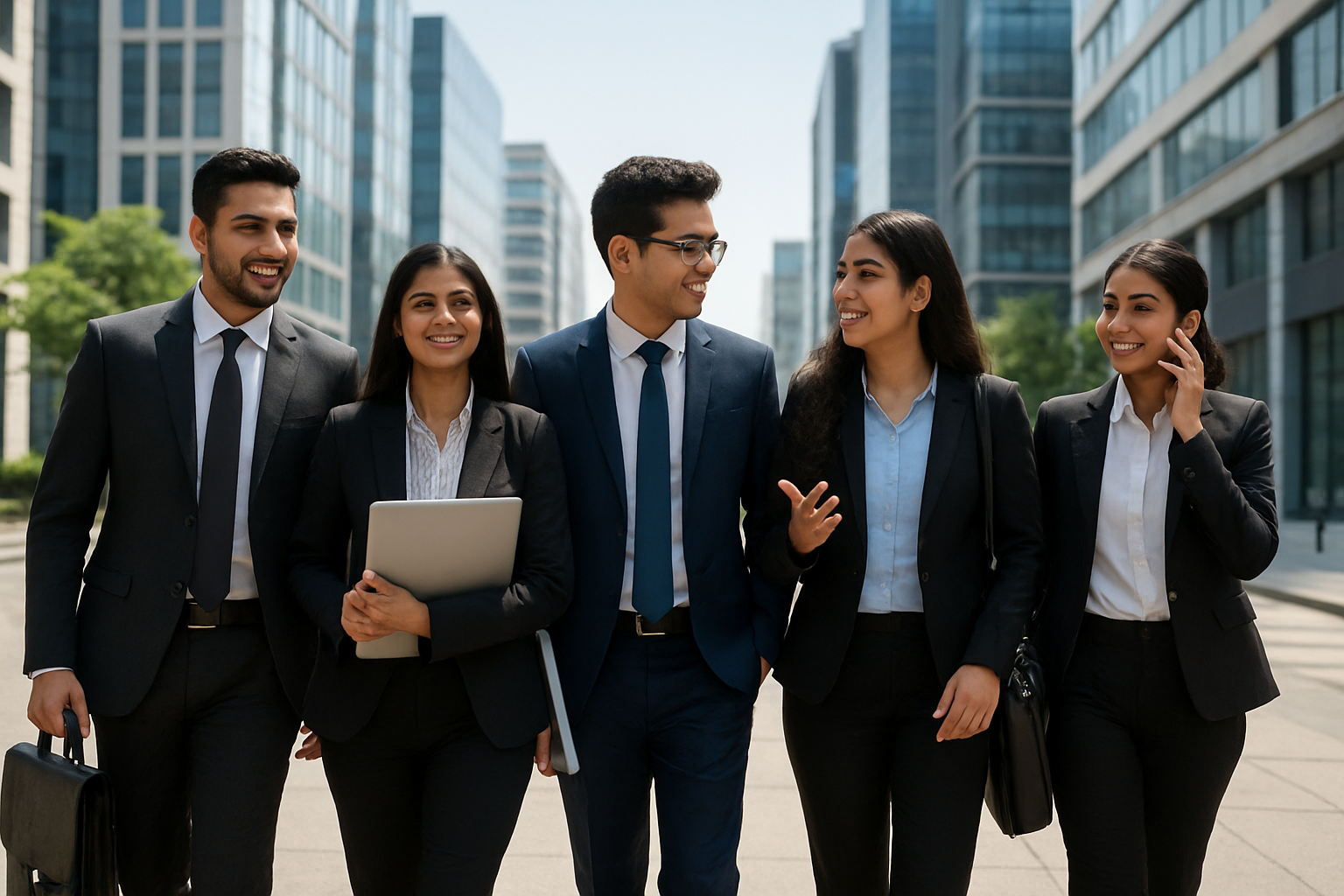 Create a realistic image of diverse Indian college graduates in professional attire walking confidently through a modern business district with corporate office buildings, technology companies, and startup offices visible in the background, showing young Indian male and female professionals carrying laptops and briefcases, with some talking on phones and others in discussion, representing various career opportunities in fields like IT, finance, healthcare, and engineering, with bright natural daylight creating an optimistic and professional atmosphere, absolutely NO text should be in the scene.