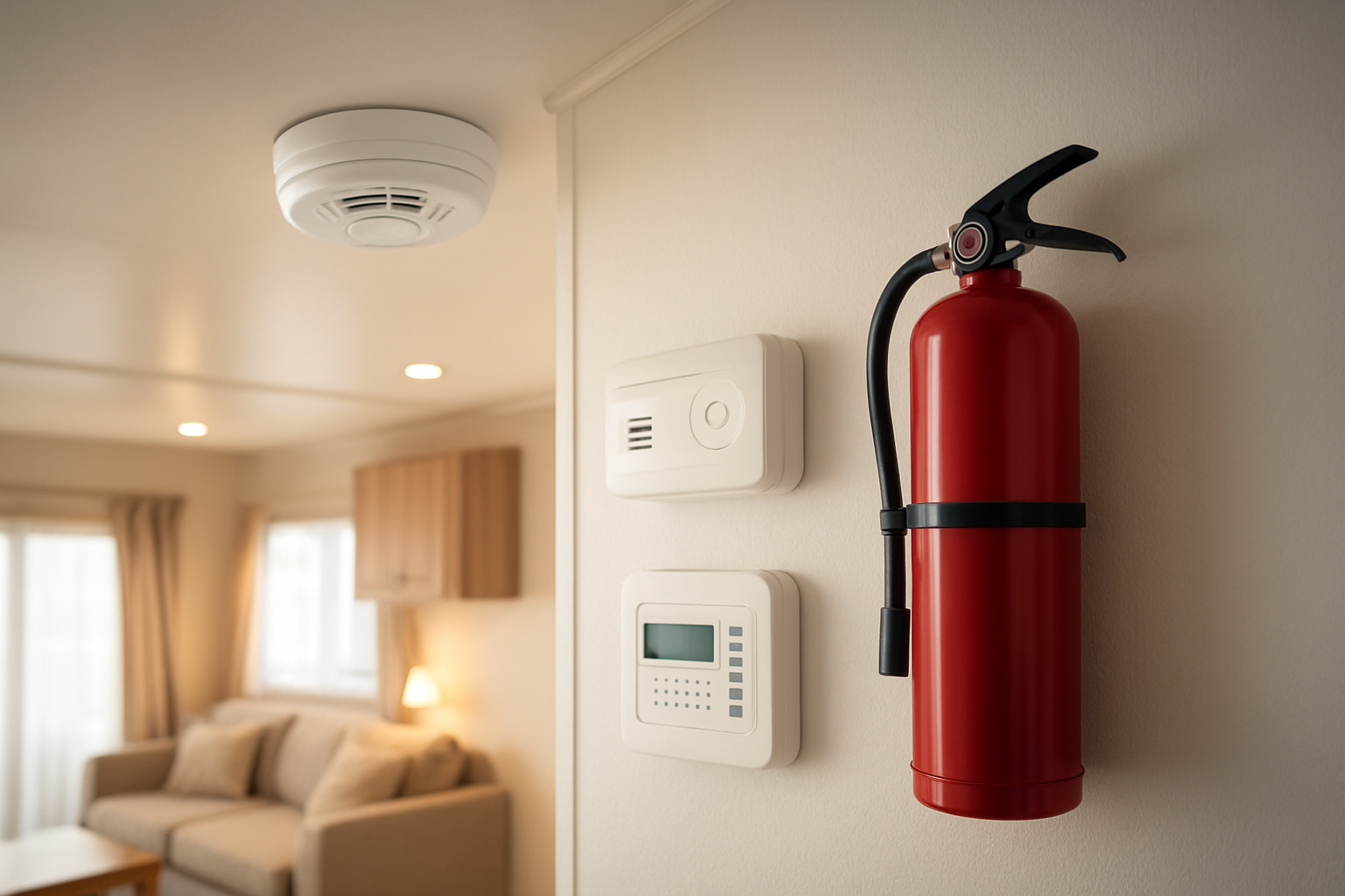 Create a realistic image of a modern mobile home interior showing multiple fire and environmental safety systems including a white smoke detector mounted on the ceiling, a red fire extinguisher mounted on the wall, a carbon monoxide detector, and a small security panel, with clean white walls, warm ambient lighting, and a cozy living space atmosphere in the background, Absolutely NO text should be in the scene.