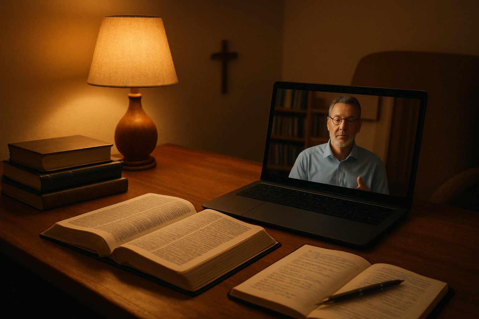 Create a realistic image of a cozy study space with an open Bible and several Christian educational books spread on a wooden desk, a laptop computer displaying a video call or online teaching session, a warm table lamp providing soft lighting, a notebook with handwritten notes, a cross or small religious symbol visible in the background, and a comfortable chair, creating an atmosphere of peaceful learning and spiritual study, with warm golden lighting that suggests a welcoming educational environment, absolutely NO text should be in the scene.
