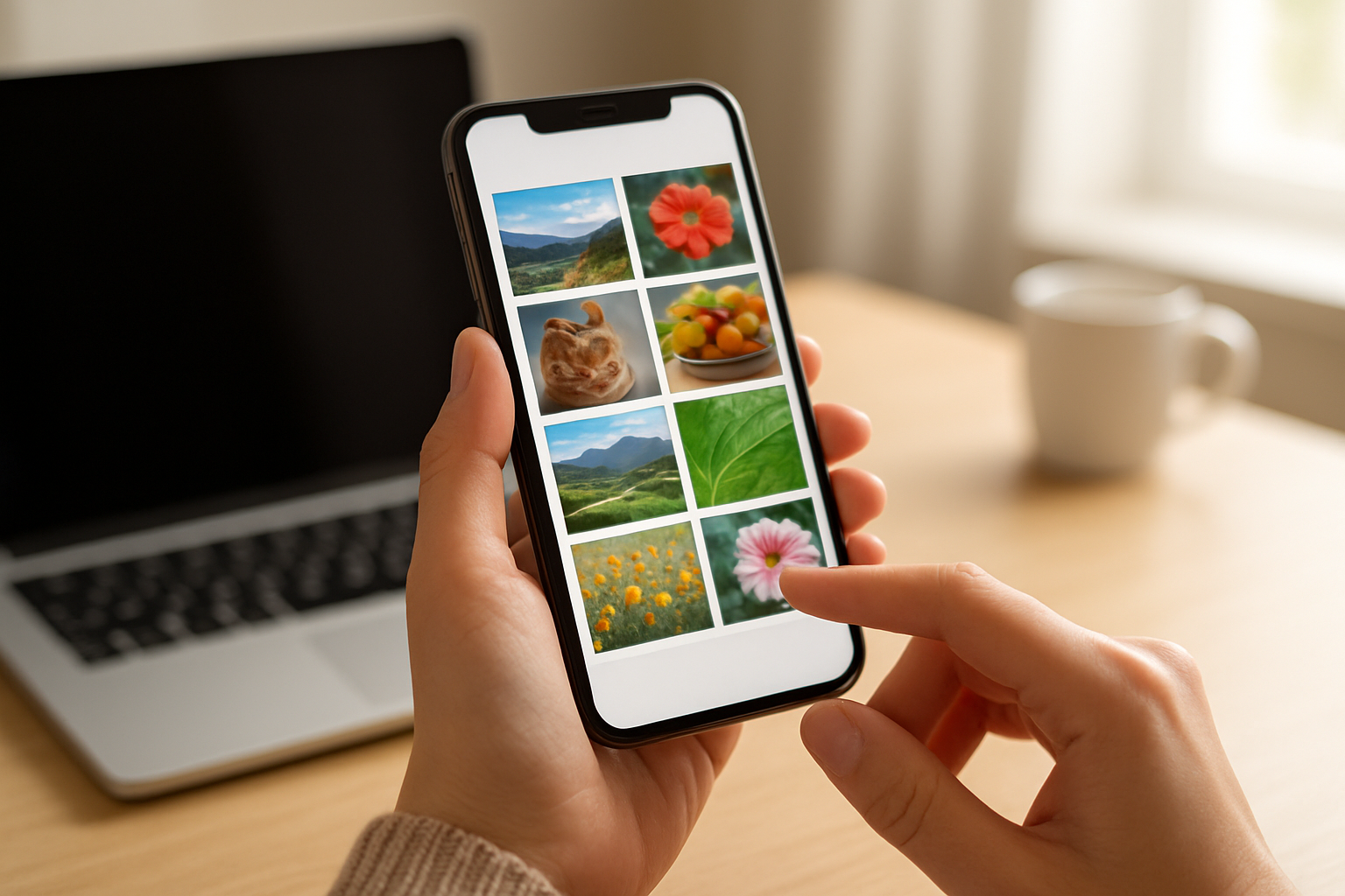 Create a realistic image of a person's hands holding a modern smartphone with a bright, clear screen displaying image search results in a grid layout, surrounded by a clean workspace with a laptop computer open in the background, soft natural lighting from a window, modern office or home environment with minimal distractions, focus on the mobile device optimization concept through the prominent smartphone usage, warm and professional atmosphere. Absolutely NO text should be in the scene.