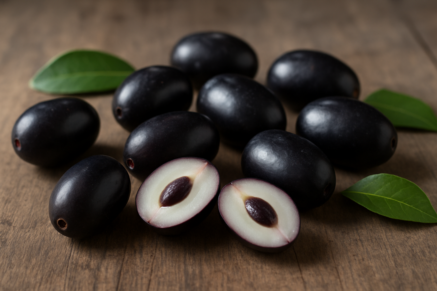 Create a realistic image of fresh Jamun fruits displayed on a rustic wooden surface, showing both whole dark purple-black oval fruits and some cut in half revealing the white flesh and dark seed inside, with a few green leaves scattered around, soft natural lighting from the side creating gentle shadows, clean and simple composition focusing on the fruit's natural characteristics and textures, absolutely NO text should be in the scene.