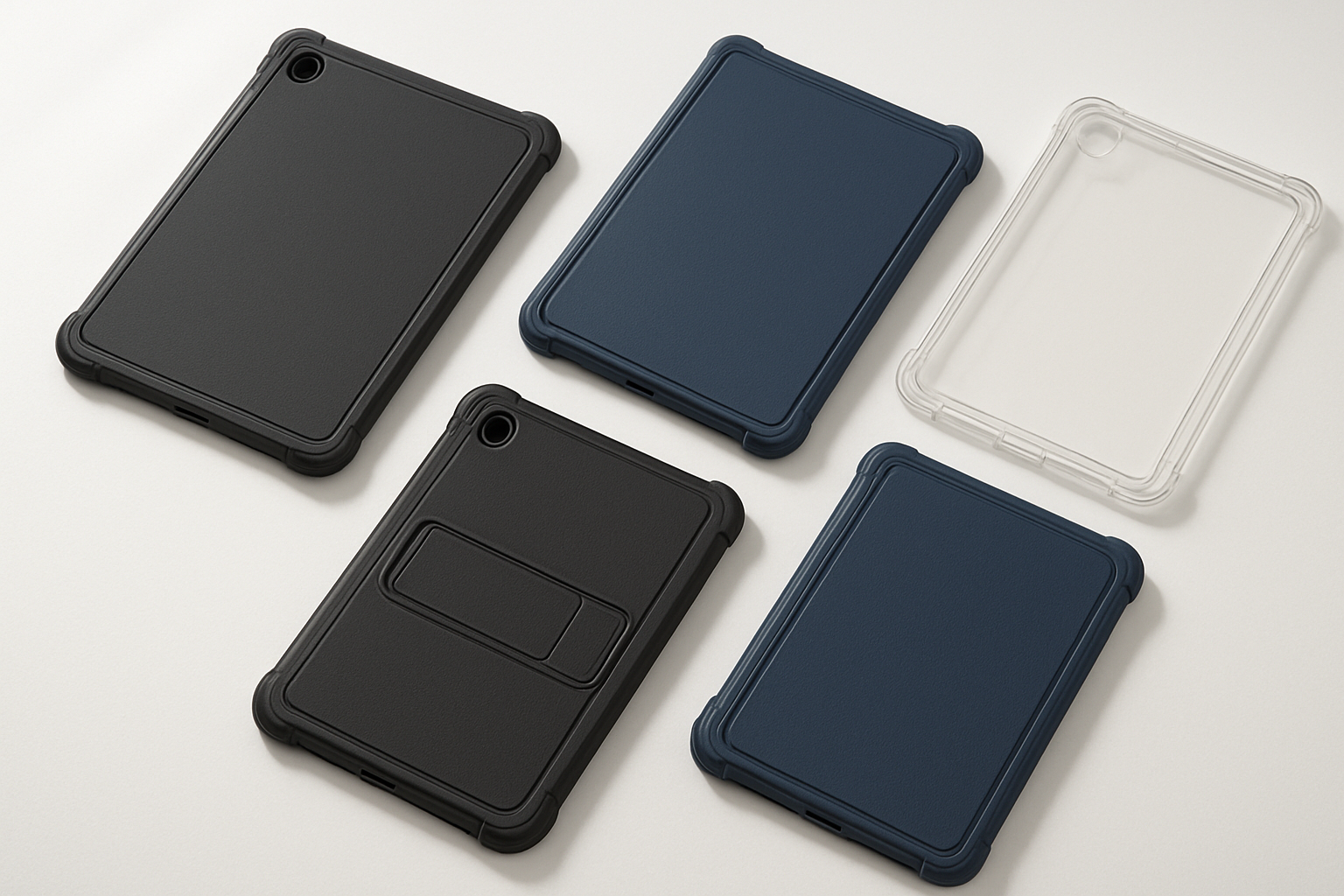 Create a realistic image of multiple Samsung Galaxy Tab A9+ tablet cases arranged on a clean white surface, showcasing various budget-friendly protective cases in different colors including black, navy blue, and clear transparent options, with some cases showing reinforced corners and kickstand features, soft natural lighting from above creating subtle shadows, displaying the cases from different angles to show their protective qualities and design details, with a minimalist background that emphasizes the value and quality of the affordable tablet protection options, absolutely NO text should be in the scene.