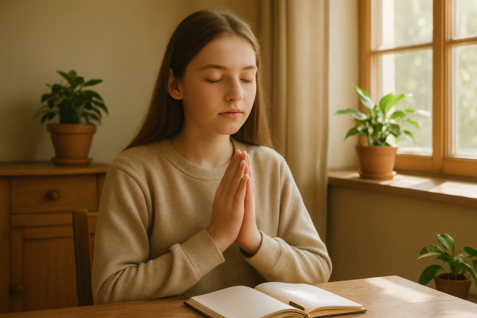 Create a realistic image of a young white female teenager sitting peacefully in a sunlit room, eyes gently closed in prayer or meditation, with soft natural lighting streaming through a window, featuring warm wooden furniture, a few potted plants, and an open journal with a pen nearby on a small table, capturing a serene and contemplative atmosphere that suggests spiritual growth and personal reflection, with a cozy indoor setting that feels safe and nurturing. Absolutely NO text should be in the scene.