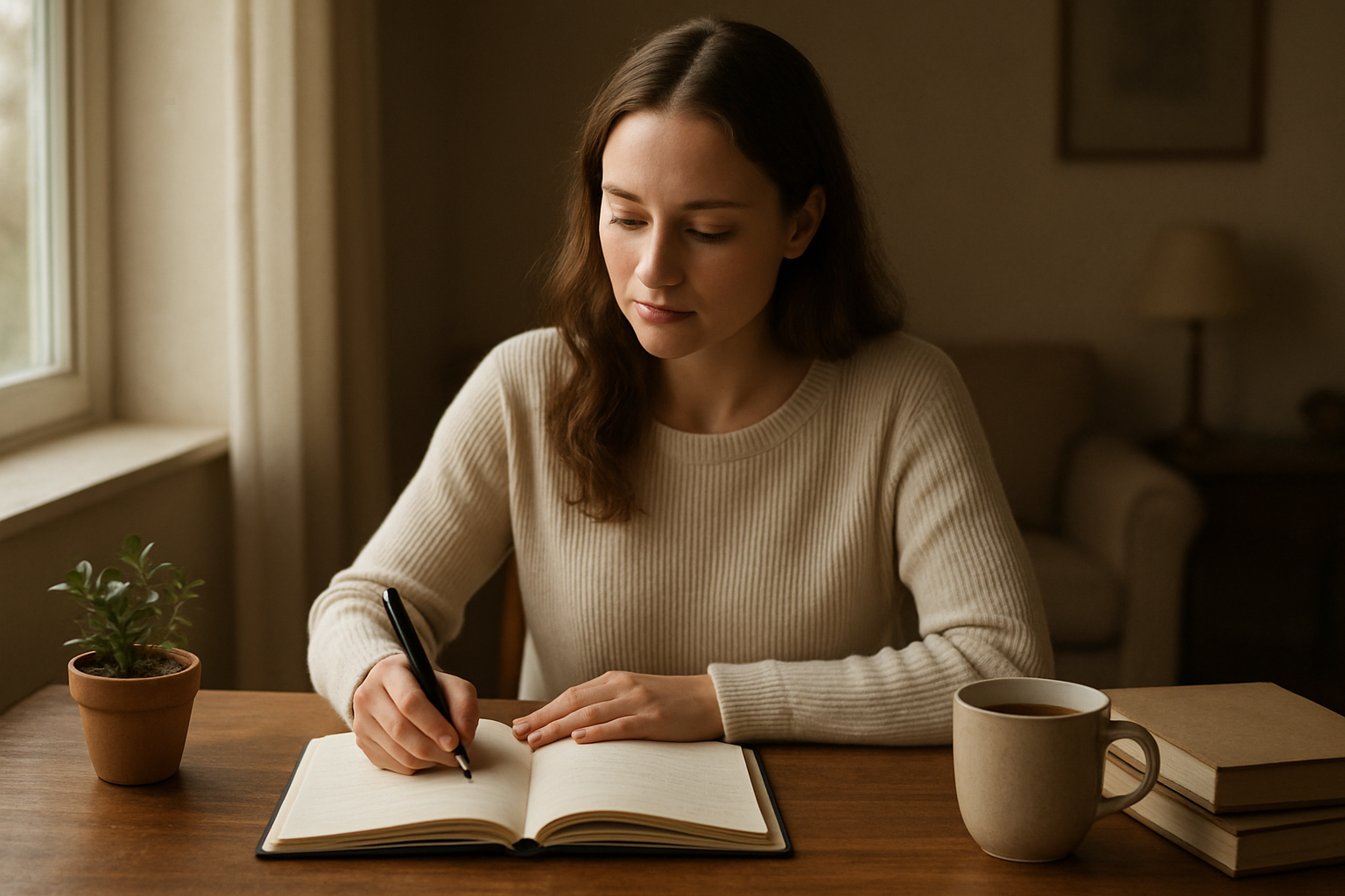 Create a realistic image of a peaceful indoor scene with a white female sitting at a wooden desk near a large window with soft natural light streaming in, she is writing in an open journal with a pen in hand, surrounded by subtle elements like a small potted plant, a cup of tea, and a few scattered inspiring books, the background shows a cozy room with warm earth tones and gentle shadows, creating a contemplative and purposeful atmosphere that suggests personal reflection and goal-setting, absolutely NO text should be in the scene.