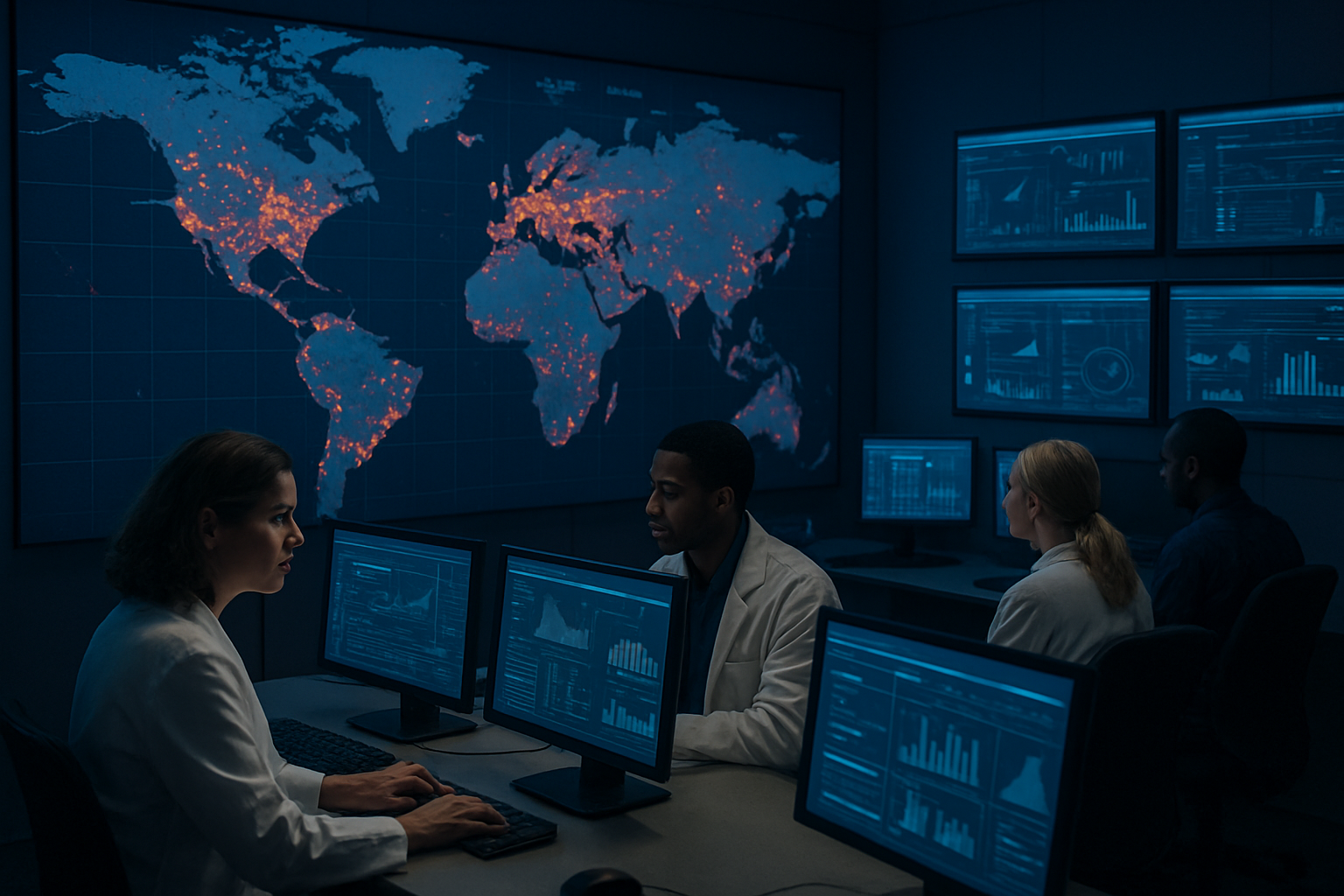 Create a realistic image of a modern global health surveillance control room with large wall-mounted digital world maps displaying disease outbreak data points as red warning indicators across multiple continents, several diverse health professionals including white female and black male epidemiologists working at computer workstations analyzing real-time health data, broken or disconnected network connections visible as gaps in data flow between different regions, dimly lit professional environment with blue and amber monitor lighting creating an urgent atmosphere, multiple screens showing epidemiological charts and global health statistics, sense of disrupted communication and fragmented information systems. Absolutely NO text should be in the scene.