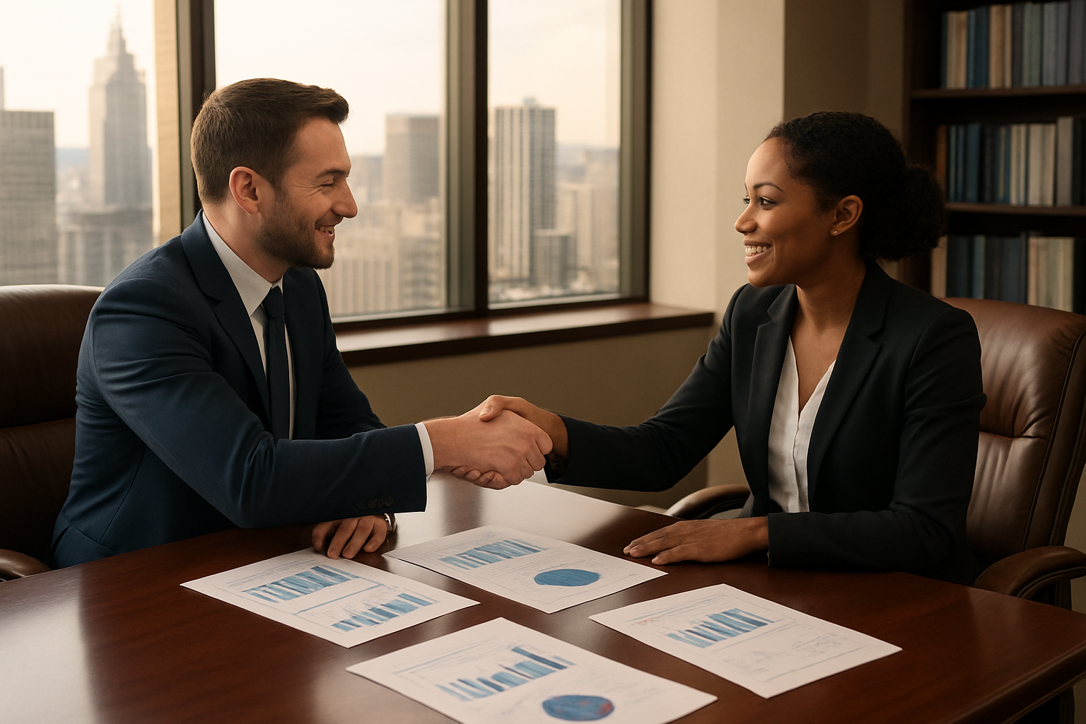 Create a realistic image of a professional business meeting in a modern conference room where a white male financial advisor in a navy suit is shaking hands with a black female high net-worth investor across a polished mahogany table, with financial charts and documents spread on the table, floor-to-ceiling windows showing a city skyline in the background, warm natural lighting creating a trustworthy atmosphere, and elegant office furnishings including leather chairs and a bookshelf with financial publications, absolutely NO text should be in the scene.