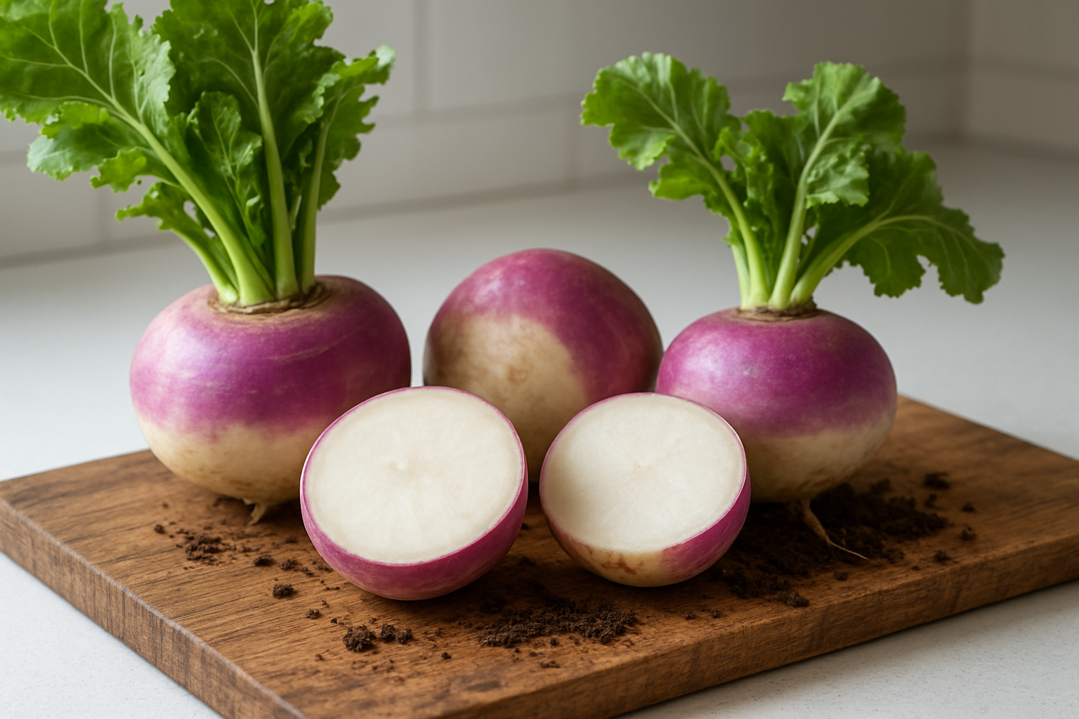 Create a realistic image of fresh white and purple turnips as the main subject, showing both whole turnips with their leafy green tops attached and cross-sectioned turnips revealing the white flesh inside, arranged on a rustic wooden cutting board, with rich dark soil scattered around some turnips to emphasize their root vegetable nature, set against a clean kitchen counter background with natural daylight creating soft shadows, capturing an educational and fresh mood that highlights the anatomical structure of these root vegetables, absolutely NO text should be in the scene.