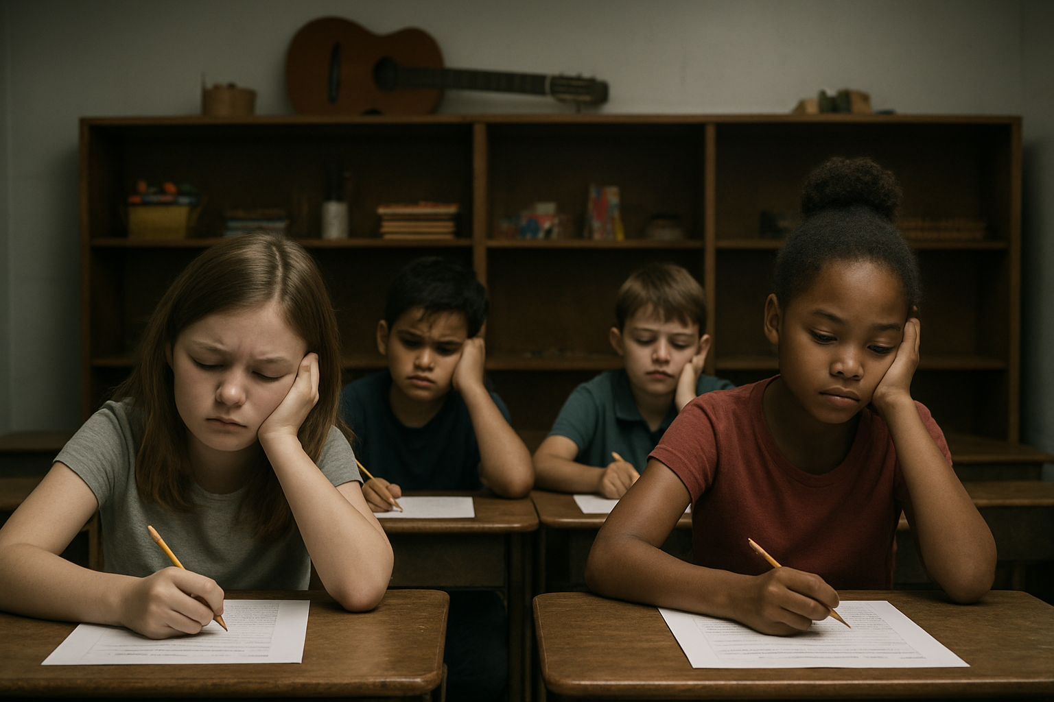 Create a realistic image of a diverse group of children aged 8-12 including white, black, and Hispanic boys and girls sitting at wooden desks in a traditional classroom, looking disengaged and frustrated while staring at test papers, with their creative materials like art supplies, musical instruments, and building blocks pushed aside and gathering dust on shelves in the background, dim fluorescent lighting casting a dull atmosphere over the scene, emphasizing the contrast between standardized testing materials on desks and neglected creative tools, absolutely NO text should be in the scene.