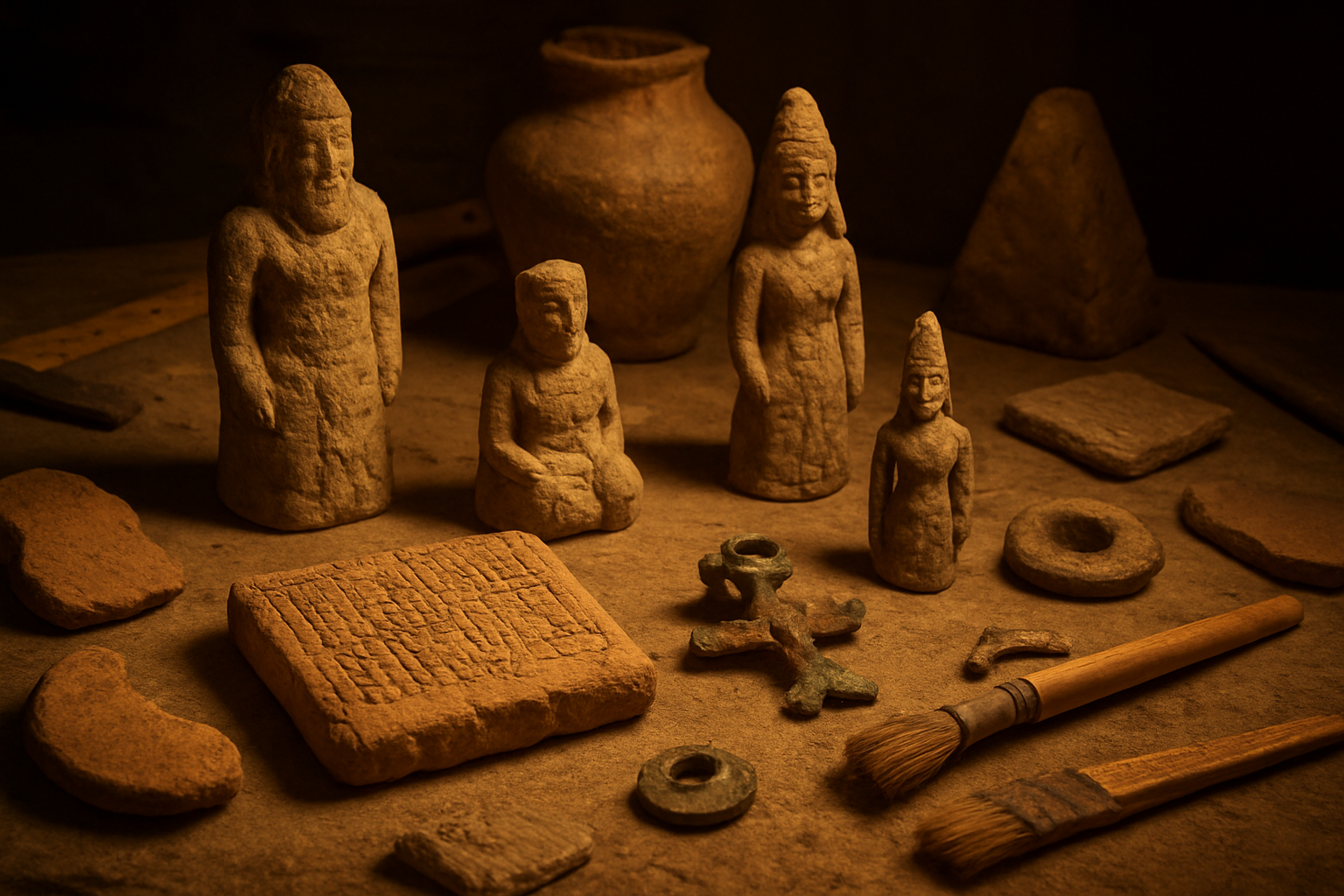Create a realistic image of ancient archaeological artifacts including clay tablets with cuneiform inscriptions, weathered stone idols and figurines of ancient deities, pottery shards, and bronze religious objects scattered on an excavation table covered with archaeological brushes and measuring tools, set in a dimly lit laboratory with warm amber lighting casting shadows across the ancient relics, creating a scholarly and mysterious atmosphere that suggests the study of ancient religious practices and historical evidence. Absolutely NO text should be in the scene.