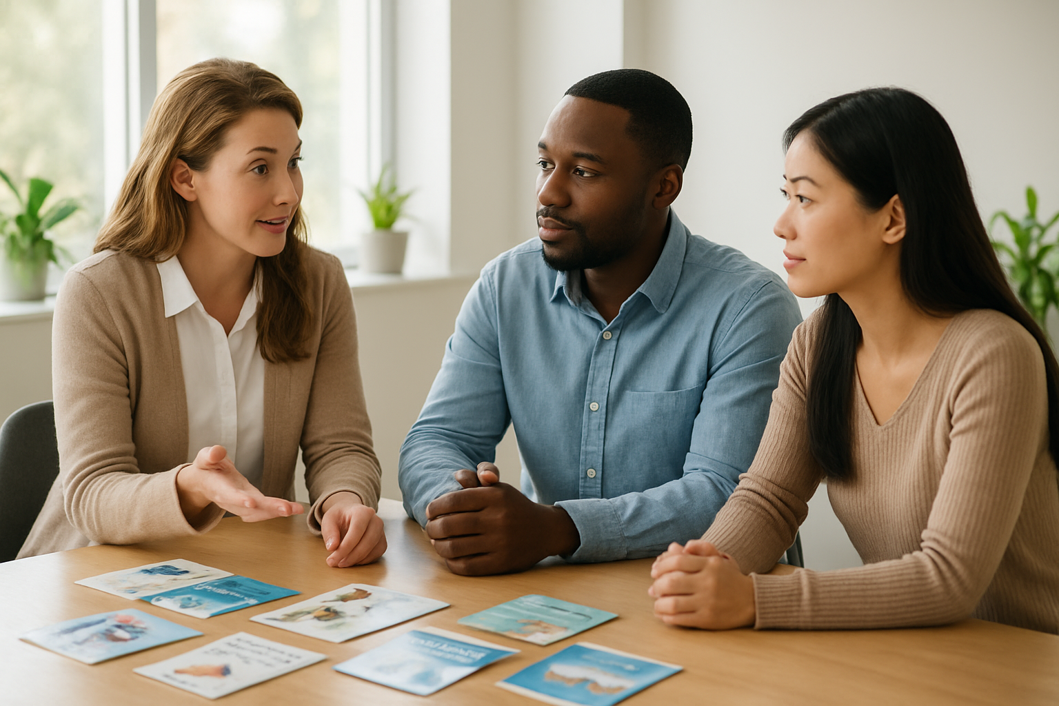 Create a realistic image of a diverse group including a white female counselor, a black male, and an Asian female sitting in a bright, modern healthcare consultation room with natural sunlight streaming through large windows, various educational pamphlets about substance abuse scattered on a clean wooden table, potted plants in the background suggesting growth and recovery, warm and hopeful lighting creating an atmosphere of support and healing, with the counselor gesturing in a caring, explanatory manner while the two individuals listen attentively, conveying a sense of guidance, protection, and positive intervention against addiction risks, absolutely NO text should be in the scene.