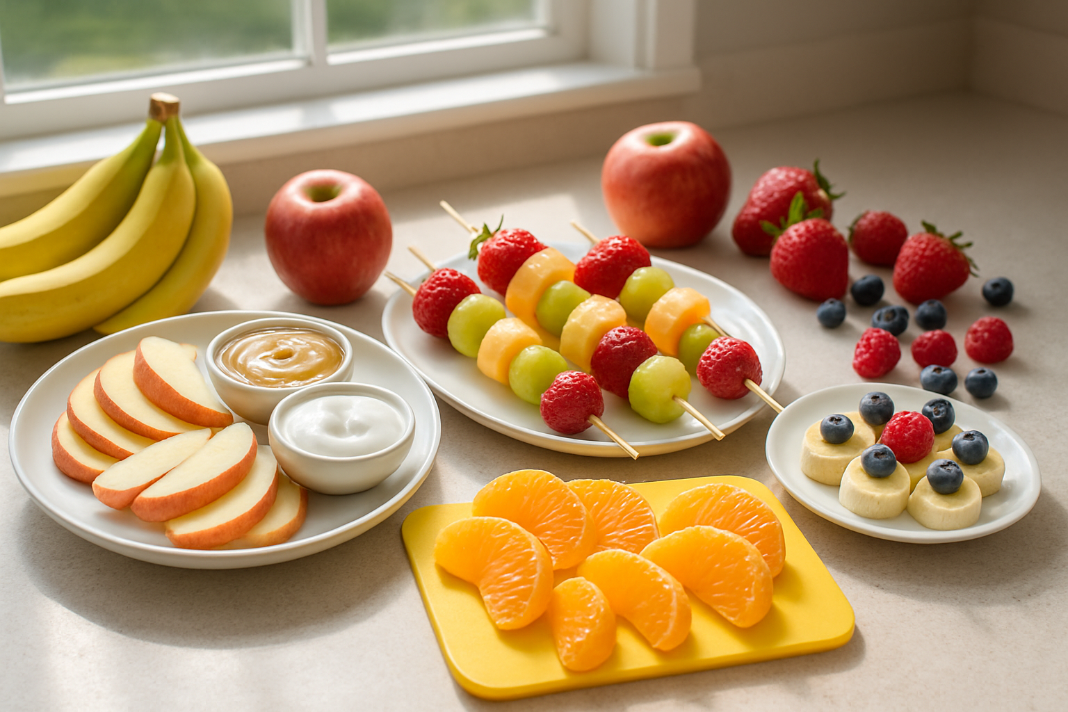 Create a realistic image of a kitchen counter displaying an assortment of colorful no-cook fruit snacks including fruit kabobs on wooden skewers with strawberries, grapes, and melon chunks, a plate of apple slices with small bowls of peanut butter and yogurt dip, banana wheels topped with berries, and orange segments arranged on a bright cutting board, with fresh whole fruits scattered around including bananas, apples, and berries, natural daylight streaming through a window creating a bright and inviting atmosphere, absolutely NO text should be in the scene.