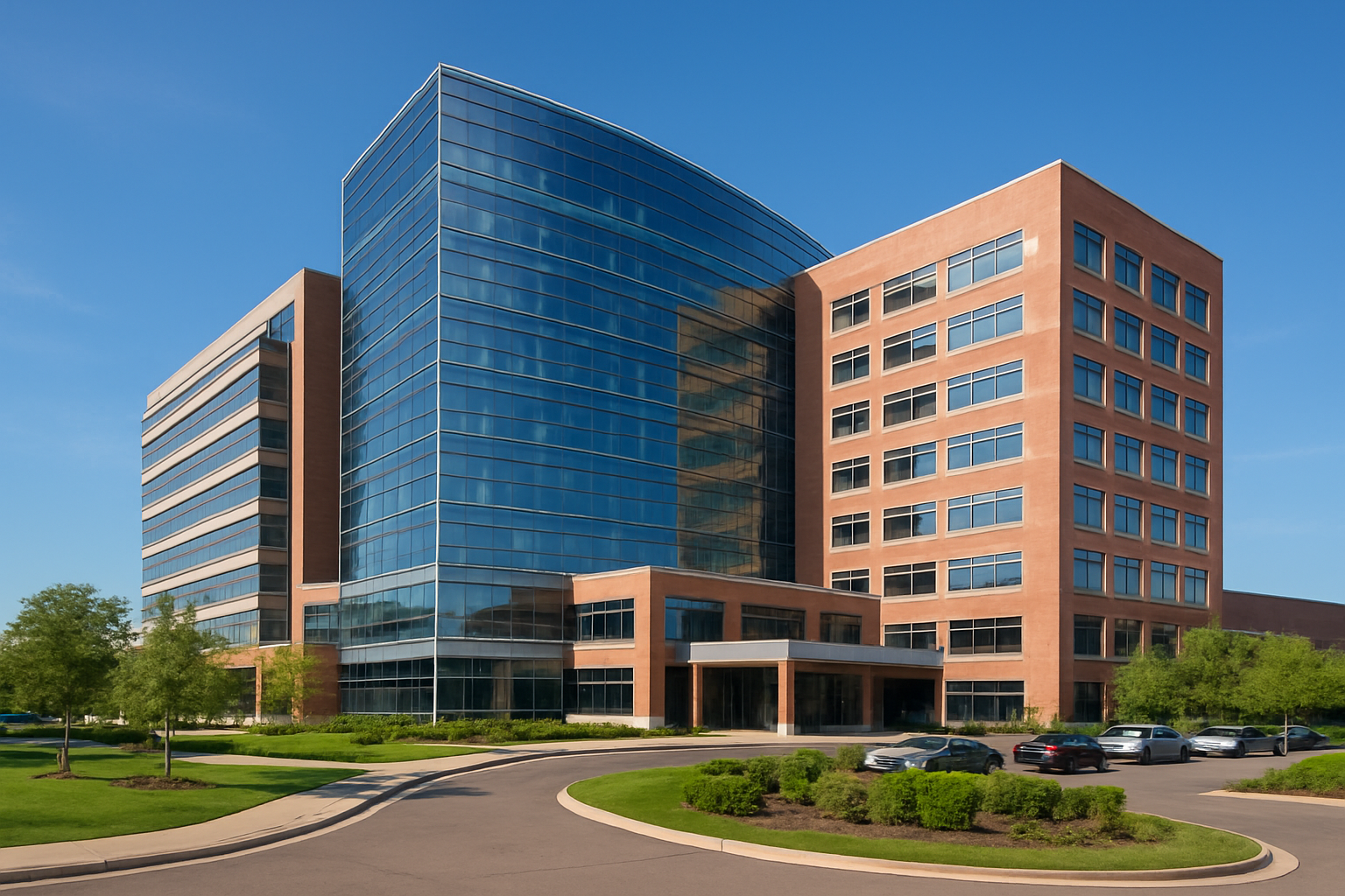 Create a realistic image of the Cleveland Clinic main hospital building in Ohio, showcasing the modern medical facility's distinctive architecture with its tall glass and brick exterior, surrounded by well-maintained landscaping and parking areas, captured during daylight hours with clear blue skies, emphasizing the professional and advanced healthcare environment, with the building prominently featured in the foreground showing multiple floors and medical facility signage, absolutely NO text should be in the scene.