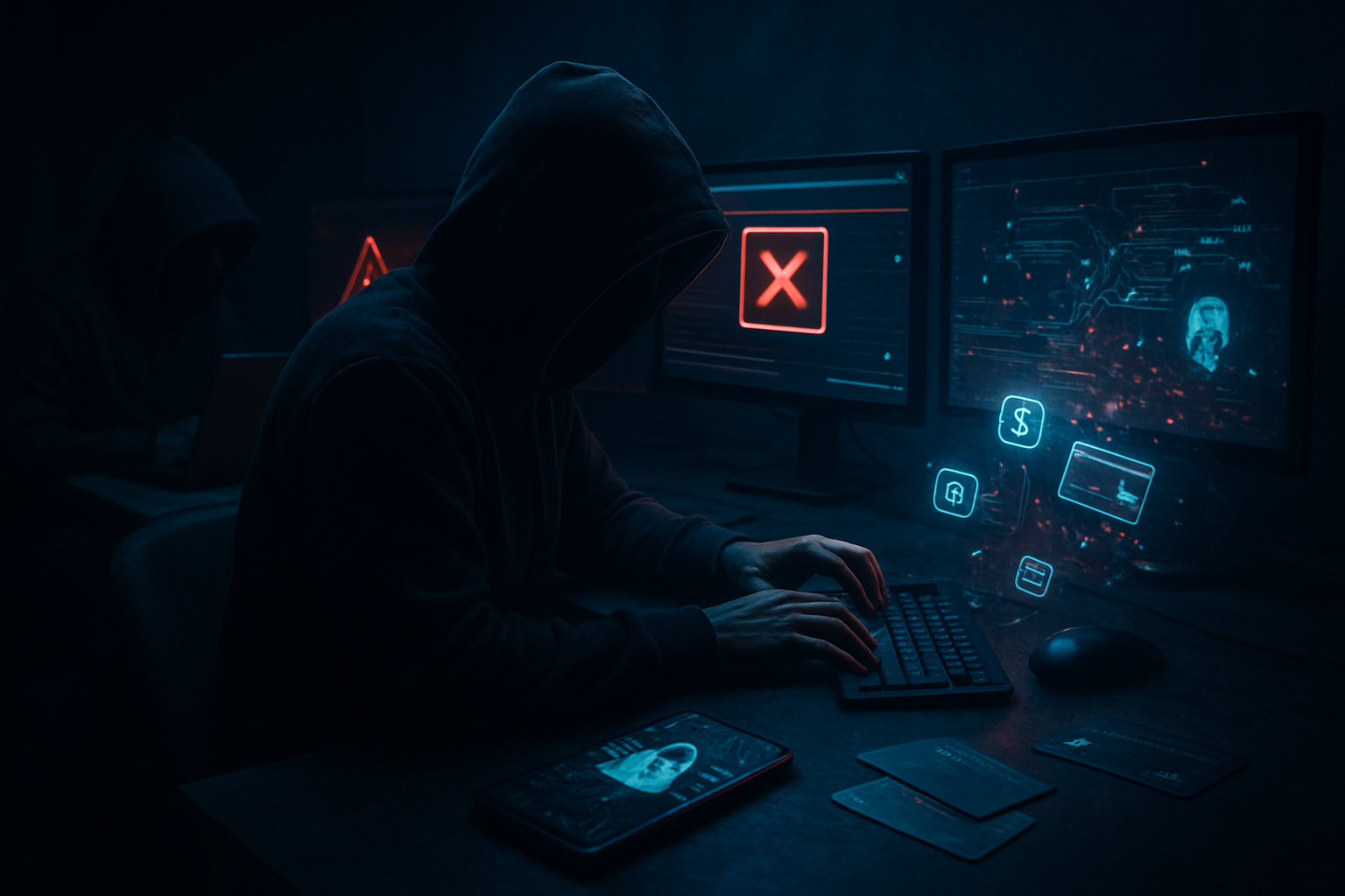 Create a realistic image of a dark, moody scene showing multiple computer screens displaying warning symbols, error messages, and hacking interfaces, with shadowy silhouettes of cybercriminals in hoodies working at keyboards, smartphones with cracked screens showing stolen data, credit cards scattered on a desk, digital payment icons floating in the air being intercepted by malicious code visualizations, all set in a dimly lit room with blue and red ambient lighting from the screens, creating an ominous atmosphere that represents the devastating impact of digital theft methods, absolutely NO text should be in the scene.