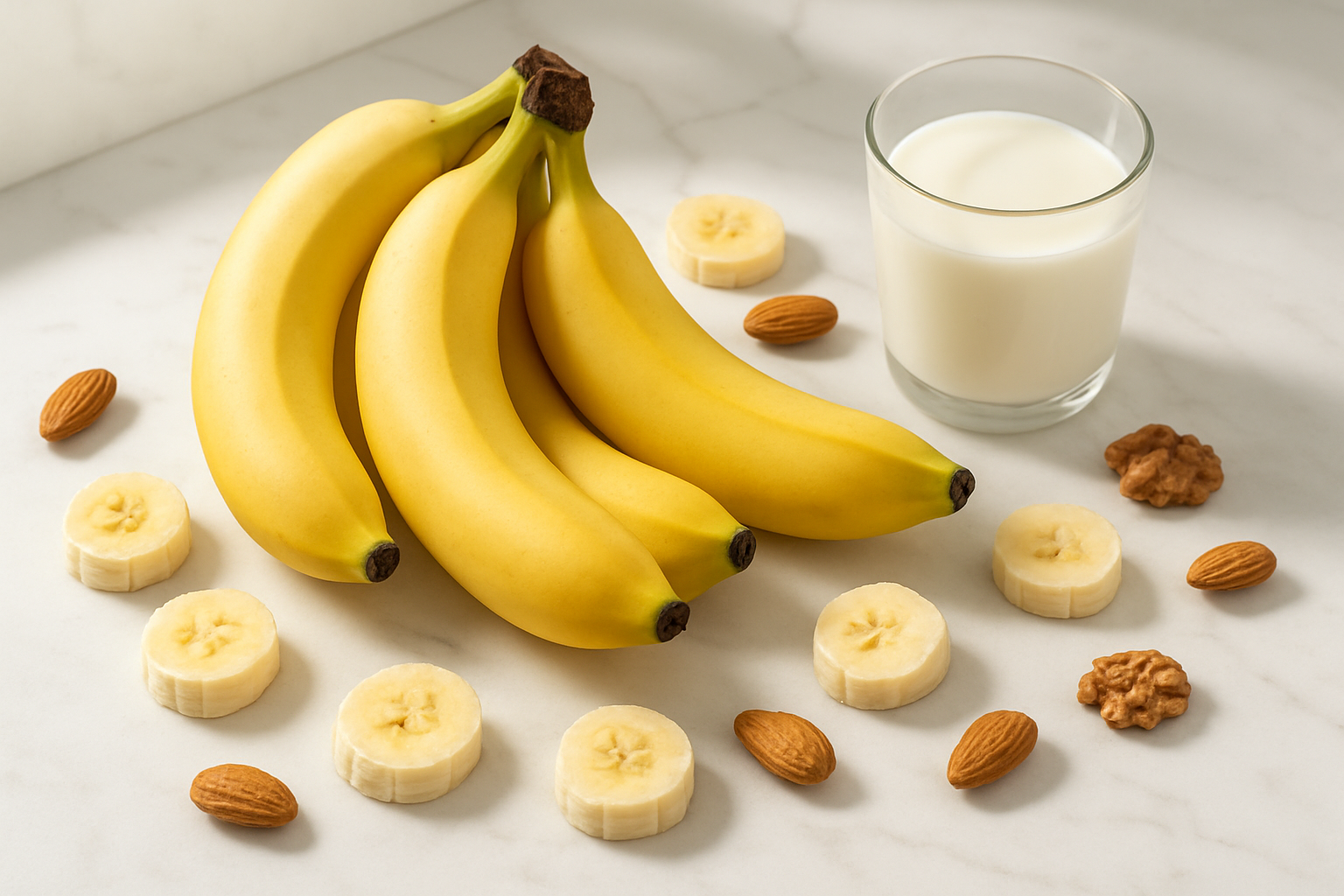 Create a realistic image of fresh yellow bananas arranged artistically on a clean white marble surface, with scattered individual banana slices showing the creamy white interior, accompanied by subtle visual elements representing nutrition like a few almonds, walnuts, and a small glass of milk in soft natural lighting from a window, creating a fresh and healthy atmosphere that emphasizes the nutritional value and natural goodness of bananas, absolutely NO text should be in the scene.
