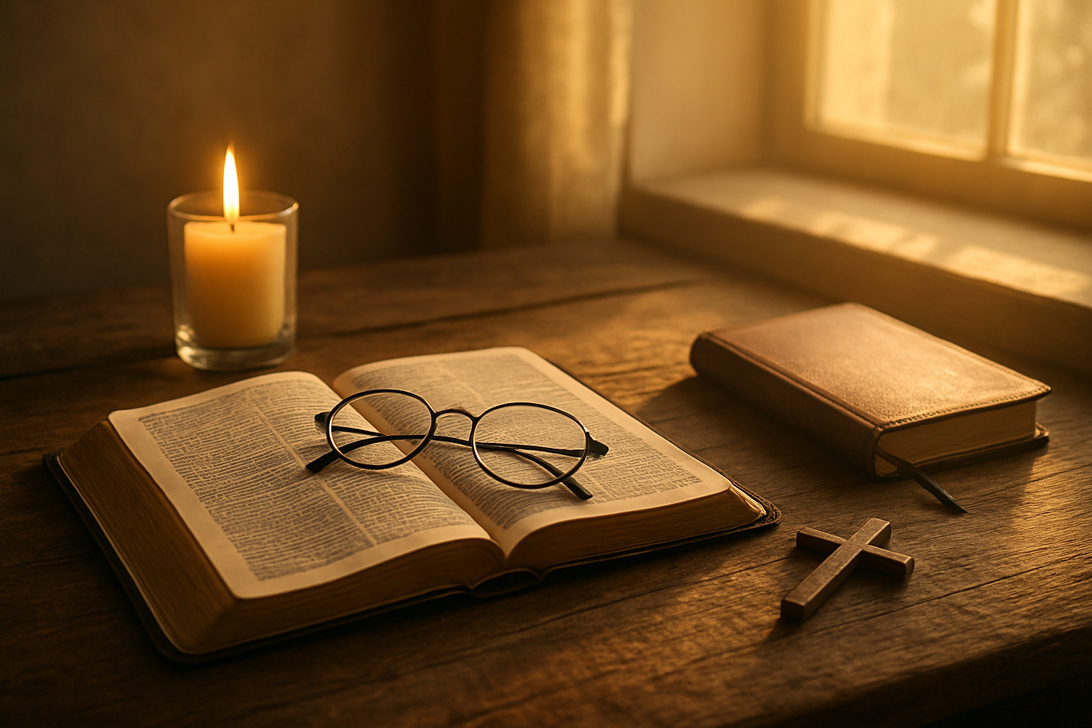 Create a realistic image of an open Bible with reading glasses resting on its pages, surrounded by a lit candle in a simple glass holder, a small wooden cross, and a leather-bound prayer journal with a pen beside it, all arranged on a rustic wooden table near a window with soft morning sunlight streaming through, creating a peaceful and contemplative atmosphere for daily spiritual practices, with warm golden lighting and gentle shadows. Absolutely NO text should be in the scene.