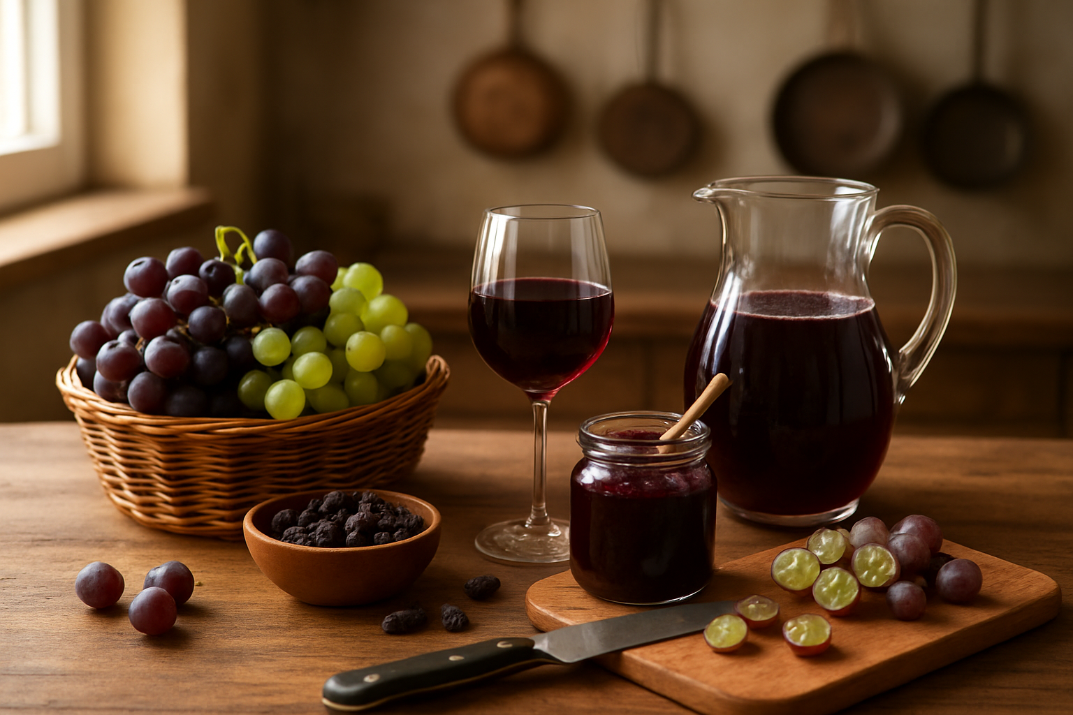 Create a realistic image of a rustic wooden kitchen counter displaying various culinary applications of grapes including fresh purple and green grapes in a wicker basket, a glass of red wine, a small bowl of raisins, grape jam in an open jar with a wooden spoon, fresh grape juice in a clear pitcher, and sliced grapes on a wooden cutting board next to a chef's knife, with warm natural lighting from a nearby window creating soft shadows, and a blurred kitchen background with hanging copper pots, absolutely NO text should be in the scene.