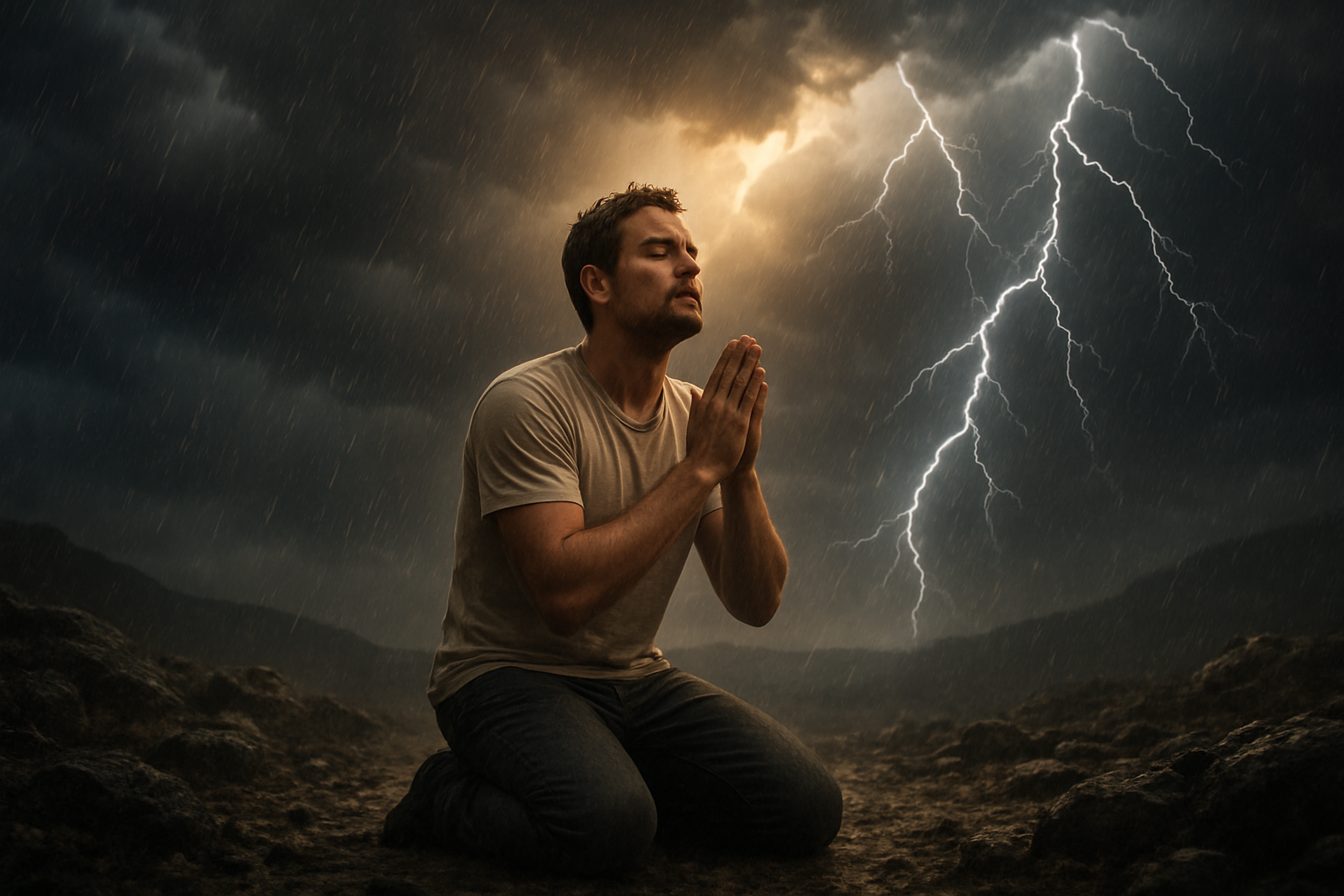 Create a realistic image of a person kneeling in prayer during a fierce storm, with a white male figure in simple clothing positioned in the center of the scene, surrounded by dark storm clouds and lightning illuminating the sky, while a subtle warm golden light breaks through the clouds above him, creating a powerful contrast between the turbulent weather and the peaceful, determined expression on his face as he maintains his prayer posture, with rain falling around him but his posture remaining steady and unwavering, set against a dramatic landscape with rocky terrain, conveying strength and faith amidst adversity, absolutely NO text should be in the scene.