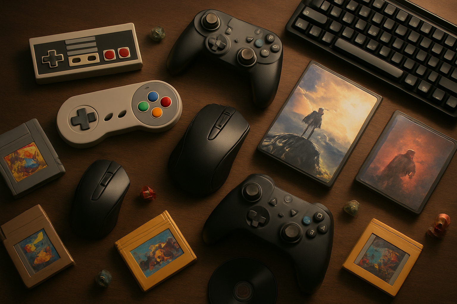 Create a realistic image of a diverse collection of gaming controllers, devices, and game cases arranged on a dark wooden desk surface, featuring controllers from different gaming eras including retro gamepads, modern wireless controllers, a gaming mouse and mechanical keyboard, vintage cartridges, and indie game cases scattered artistically, with soft warm lighting creating gentle shadows and highlights that emphasize the variety of gaming platforms, surrounded by subtle gaming memorabilia like dice and small figurines, creating an atmosphere of gaming excellence and discovery, absolutely NO text should be in the scene.