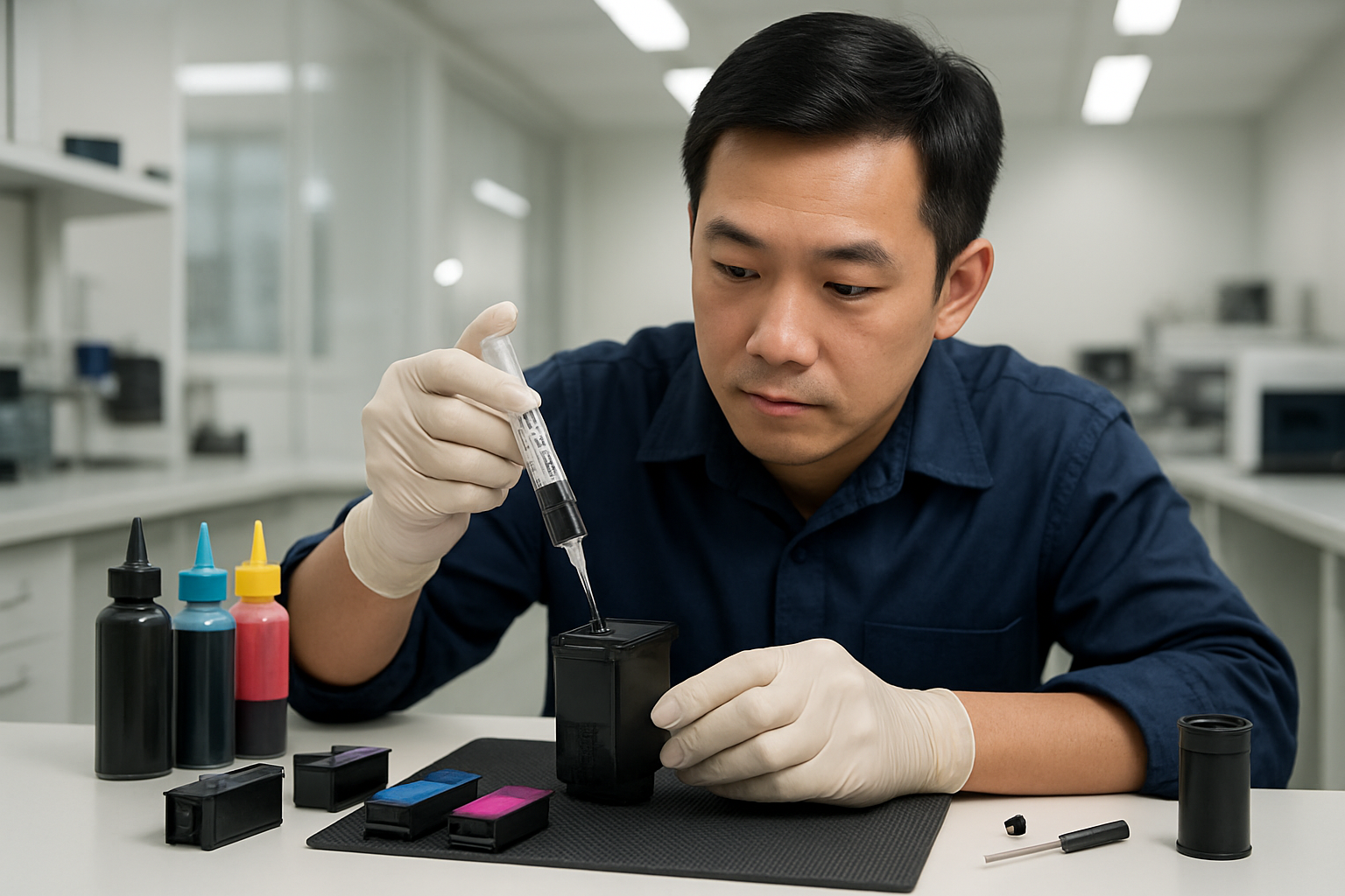 Create a realistic image of a professional Asian male technician in a clean, well-lit repair shop carefully refilling a black ink cartridge using a syringe filled with printer ink, with the cartridge positioned over a protective mat, surrounded by various printer cartridges, ink bottles, and professional refilling tools neatly arranged on a white workbench, bright fluorescent lighting creating a clean professional atmosphere, absolutely NO text should be in the scene.