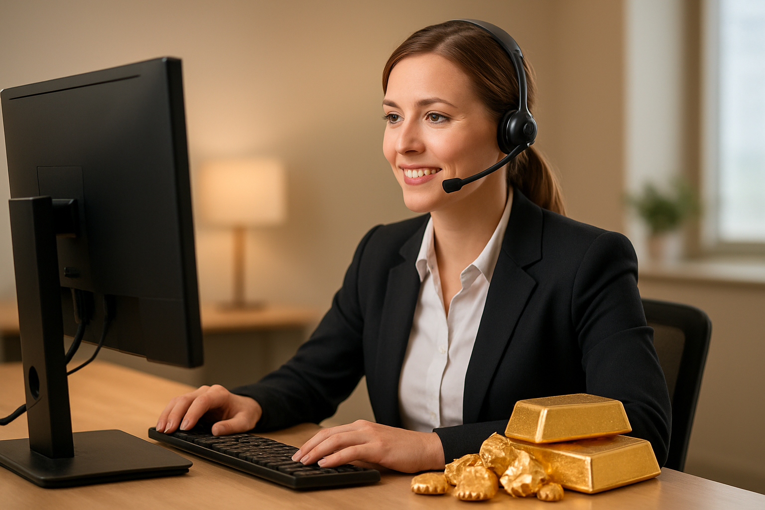 Create a realistic image of a professional customer service representative, a white female wearing a business suit and headset, sitting at a modern desk with a computer monitor, helping customers with gold purchasing inquiries, with gleaming raw gold nuggets and bars displayed on the desk surface, in a clean, well-lit office environment with warm lighting, conveying trust and professional support, absolutely NO text should be in the scene.