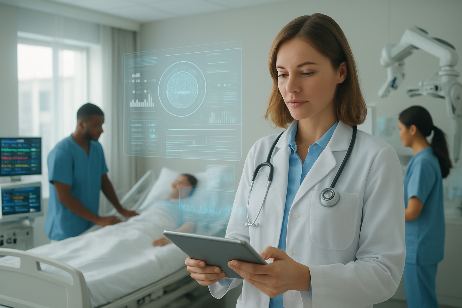 Create a realistic image of a modern hospital room with a white female doctor in her 30s wearing a white coat standing beside a hospital bed, holding a tablet device, with holographic AI-powered medical data visualizations and diagnostic charts floating subtly in the air around her, a diverse group of healthcare professionals including a black male nurse and an Asian female technician working with advanced medical equipment in the background, soft natural lighting streaming through large windows, creating an atmosphere of innovation and hope, with sleek medical monitors displaying colorful data analytics, robotic surgical equipment visible in the corner, and a patient recovery area showing the human side of healthcare technology integration, conveying a sense of transformation and progress in modern medicine, absolutely NO text should be in the scene.