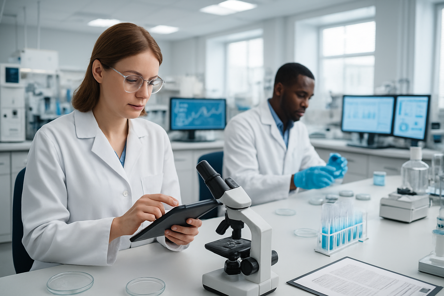 Create a realistic image of a modern biotech laboratory with a diverse team of scientists conducting validation tests, featuring a white female researcher in a lab coat analyzing data on a tablet while standing next to laboratory equipment including microscopes and testing apparatus, with a black male scientist in the background examining samples in petri dishes, multiple computer workstations displaying graphs and charts, testing protocols documentation spread on lab benches, various biopharma prototyping equipment and instruments, clean white laboratory environment with proper lighting, professional scientific atmosphere suggesting iterative testing and refinement processes, absolutely NO text should be in the scene.